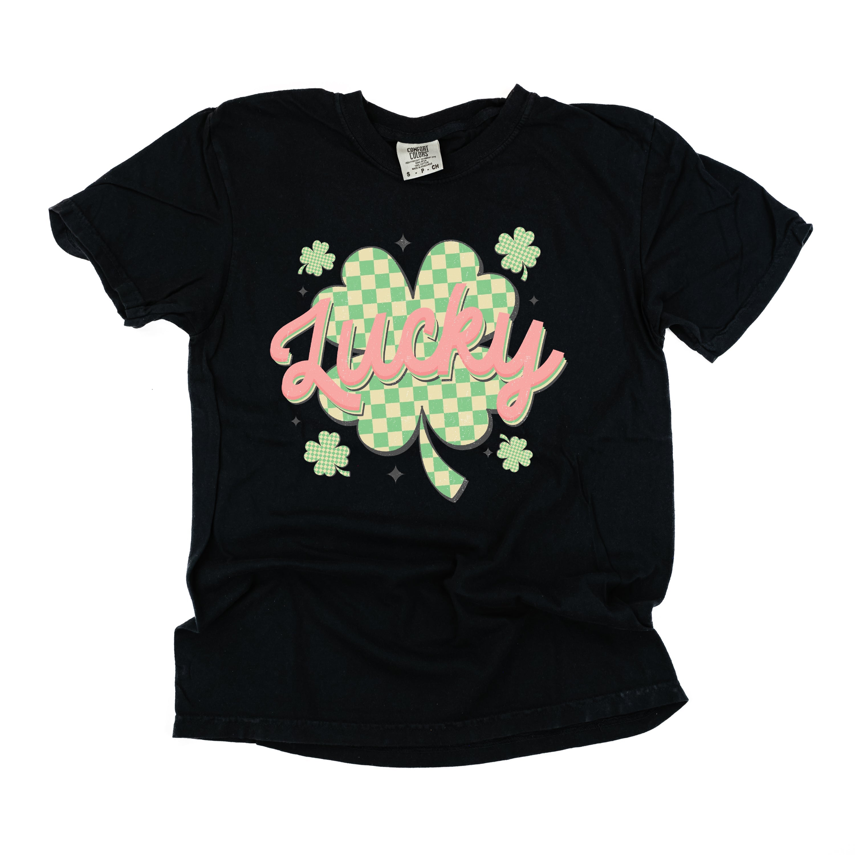 Checkered Lucky Shamrock - Comfort Colors Tee Little Mama Shirt Shop