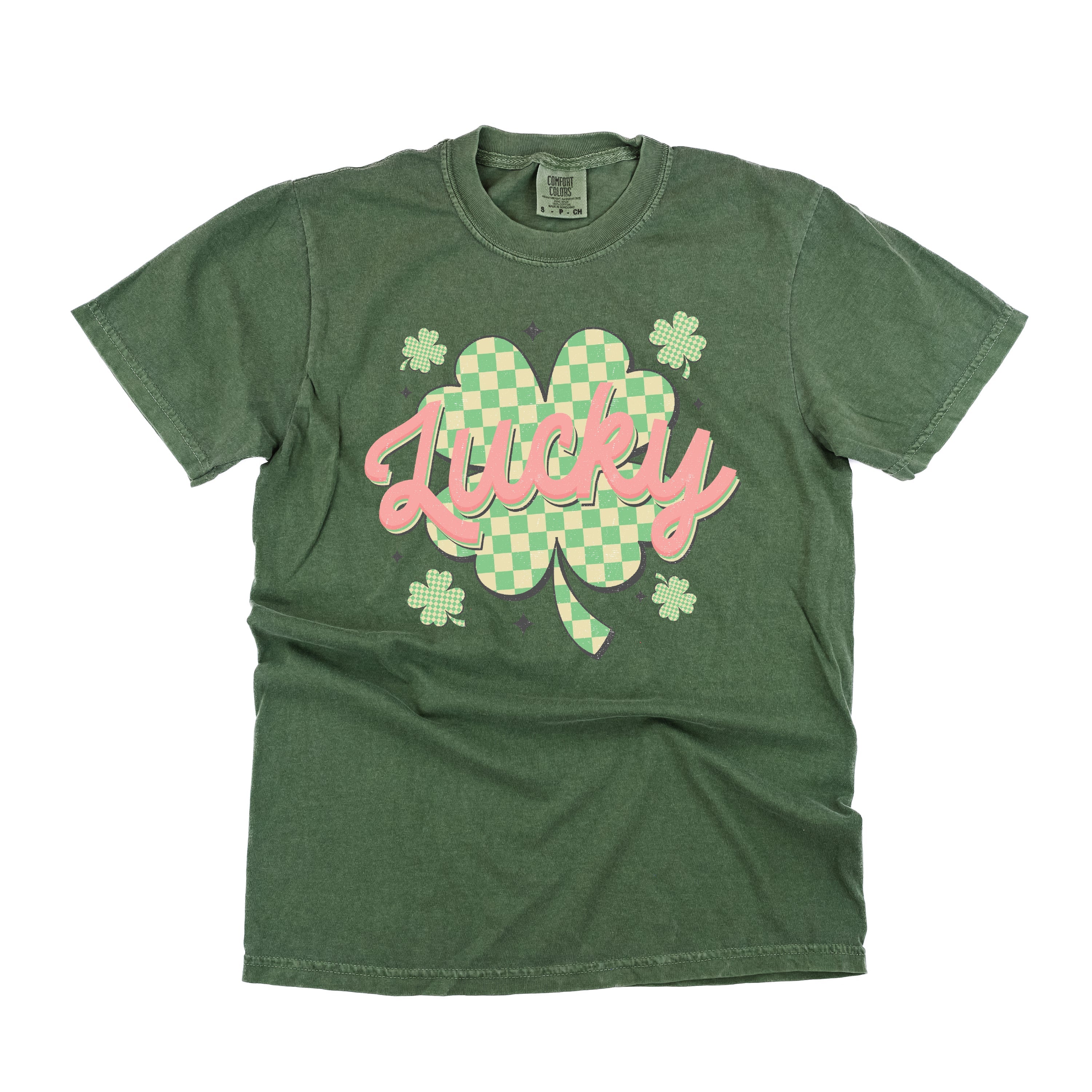 Checkered Lucky Shamrock - Comfort Colors Tee Little Mama Shirt Shop