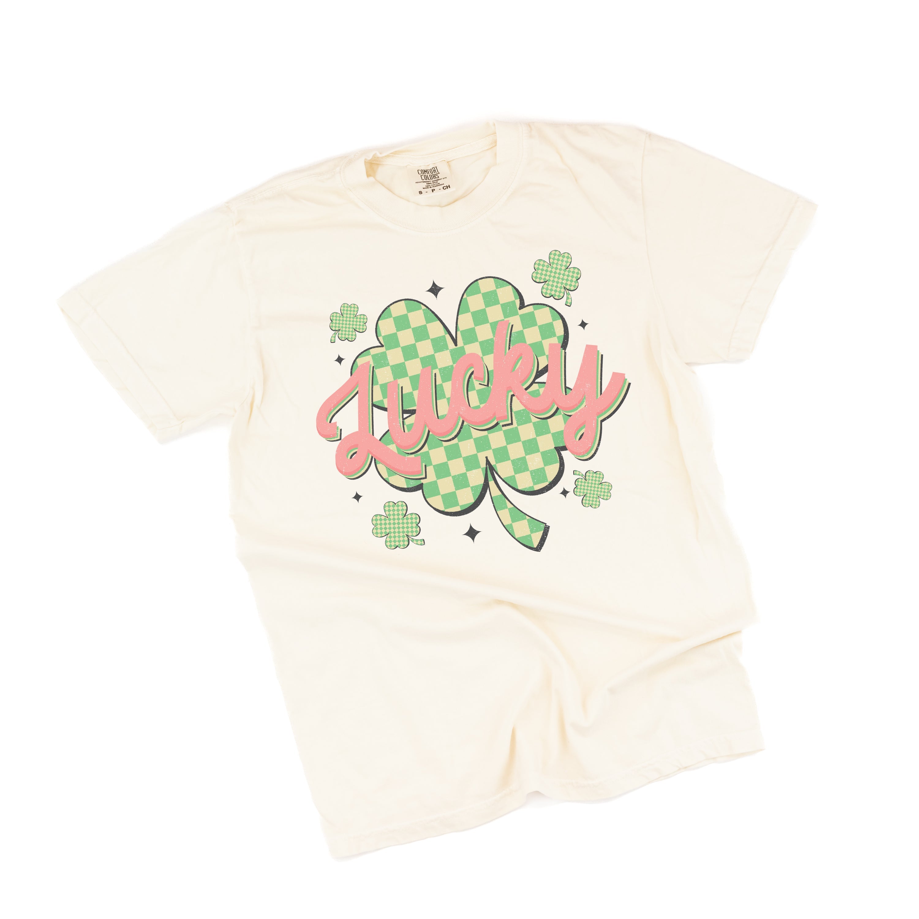 Checkered Lucky Shamrock - Comfort Colors Tee Little Mama Shirt Shop