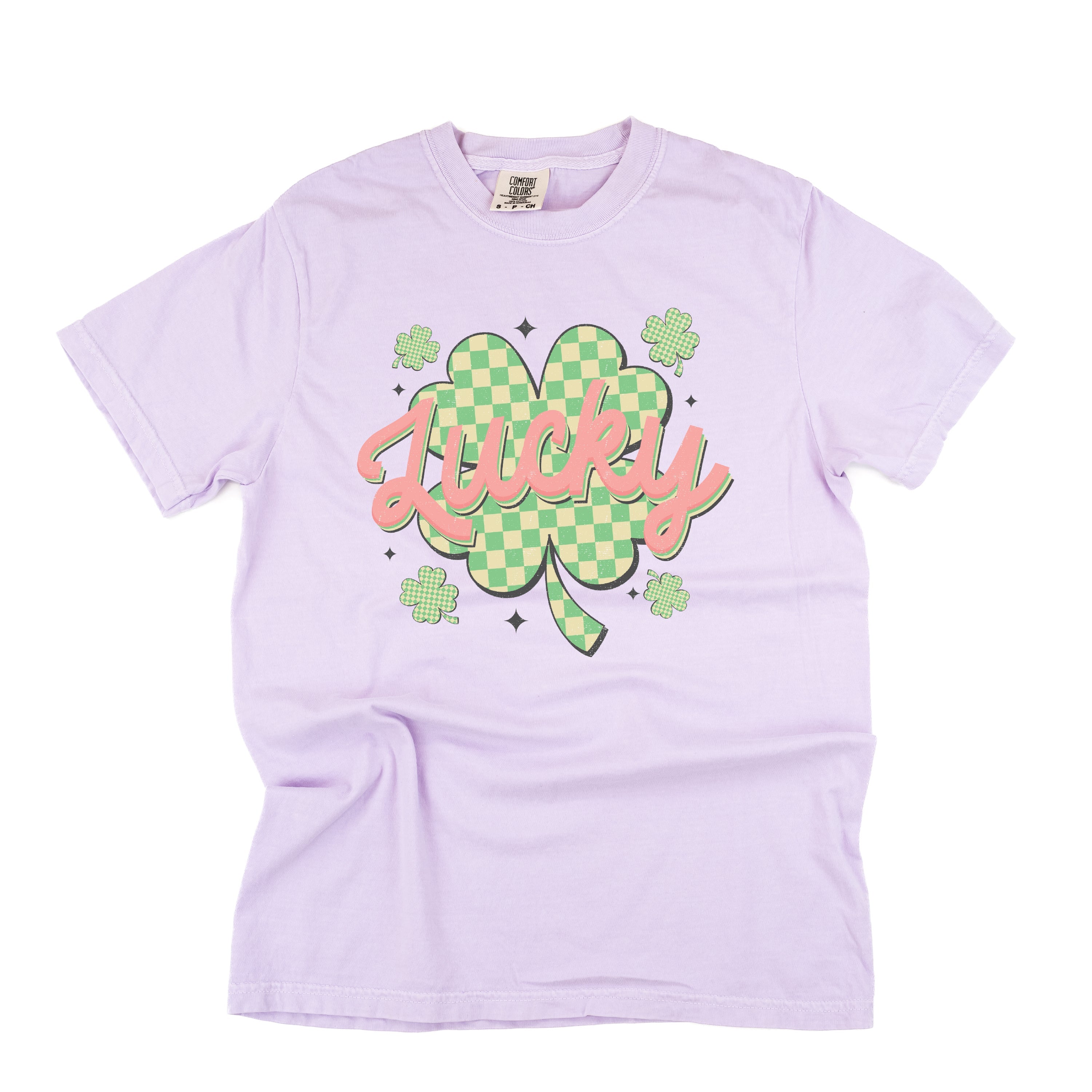 Checkered Lucky Shamrock - Comfort Colors Tee Little Mama Shirt Shop