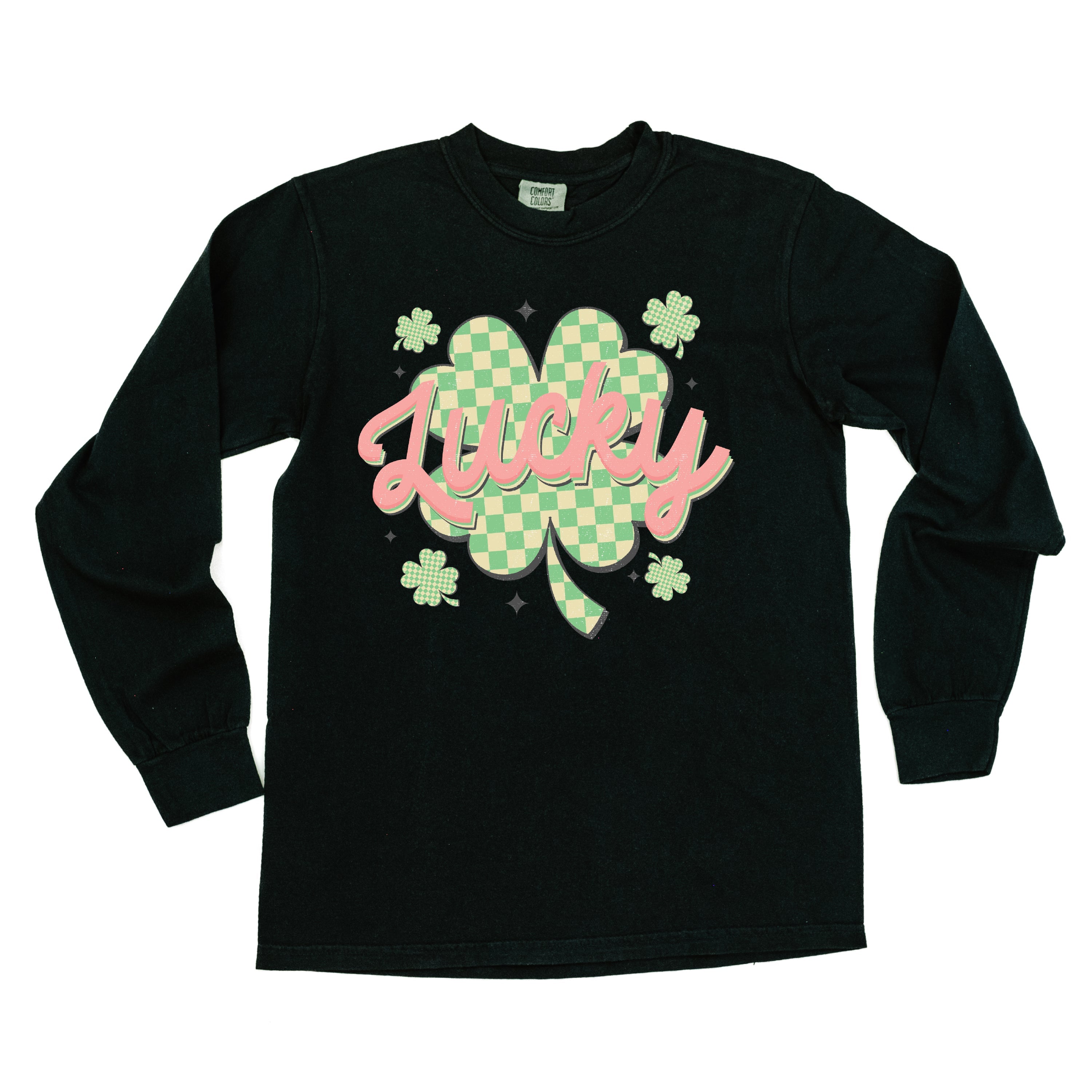 Checkered Lucky Shamrock - Long Sleeve Comfort Colors Tee Little Mama Shirt Shop
