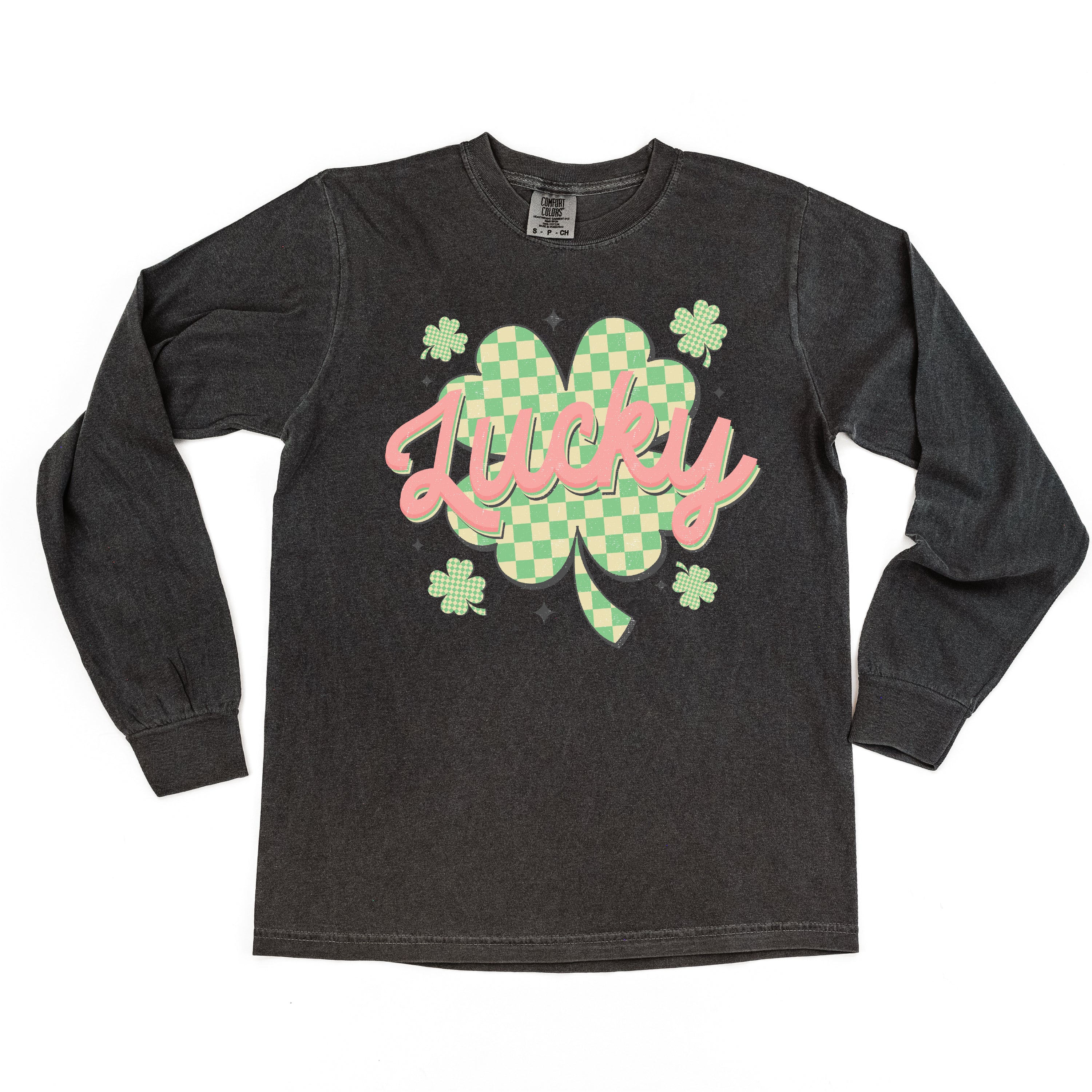 Checkered Lucky Shamrock - Long Sleeve Comfort Colors Tee Little Mama Shirt Shop