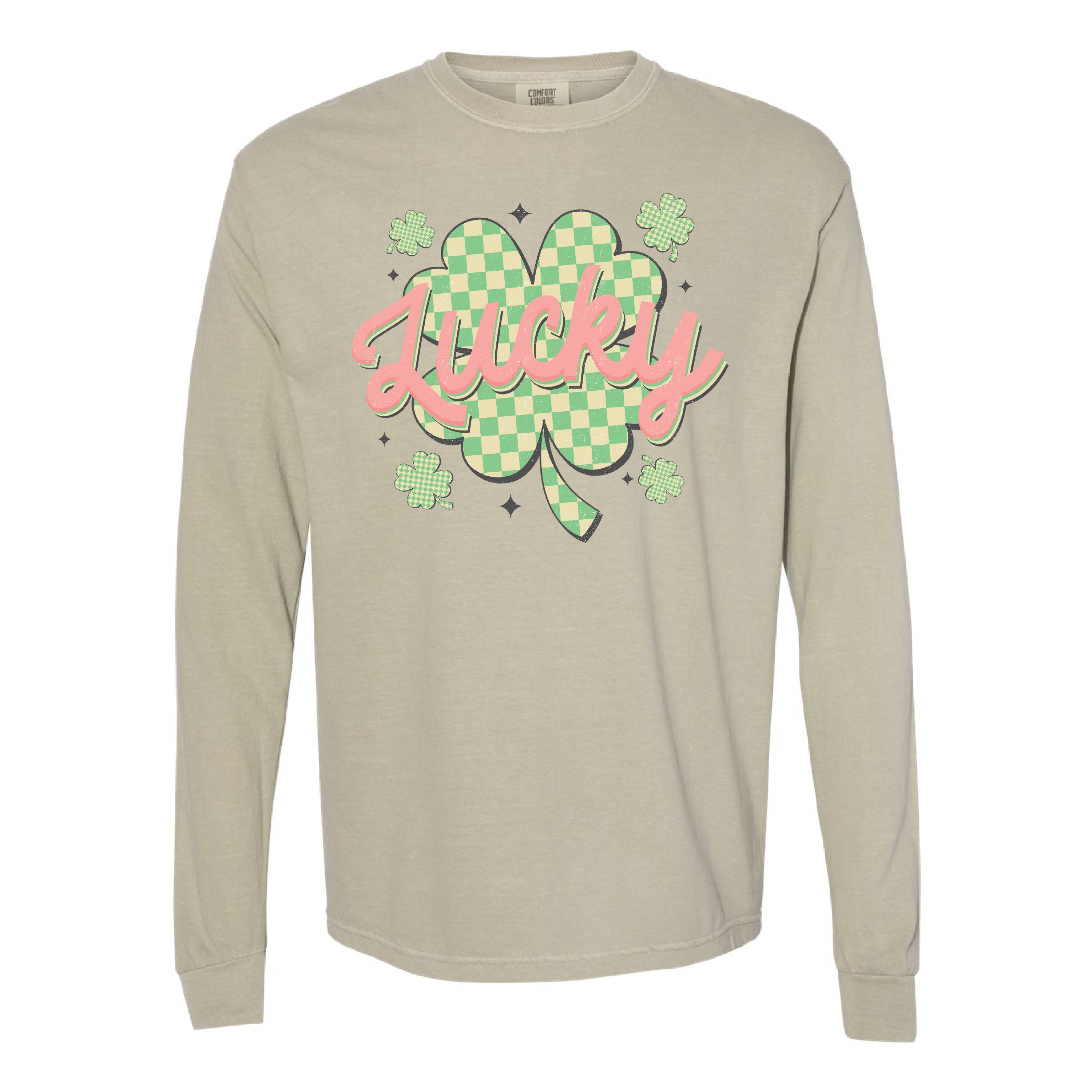 Checkered Lucky Shamrock - Long Sleeve Comfort Colors Tee Little Mama Shirt Shop