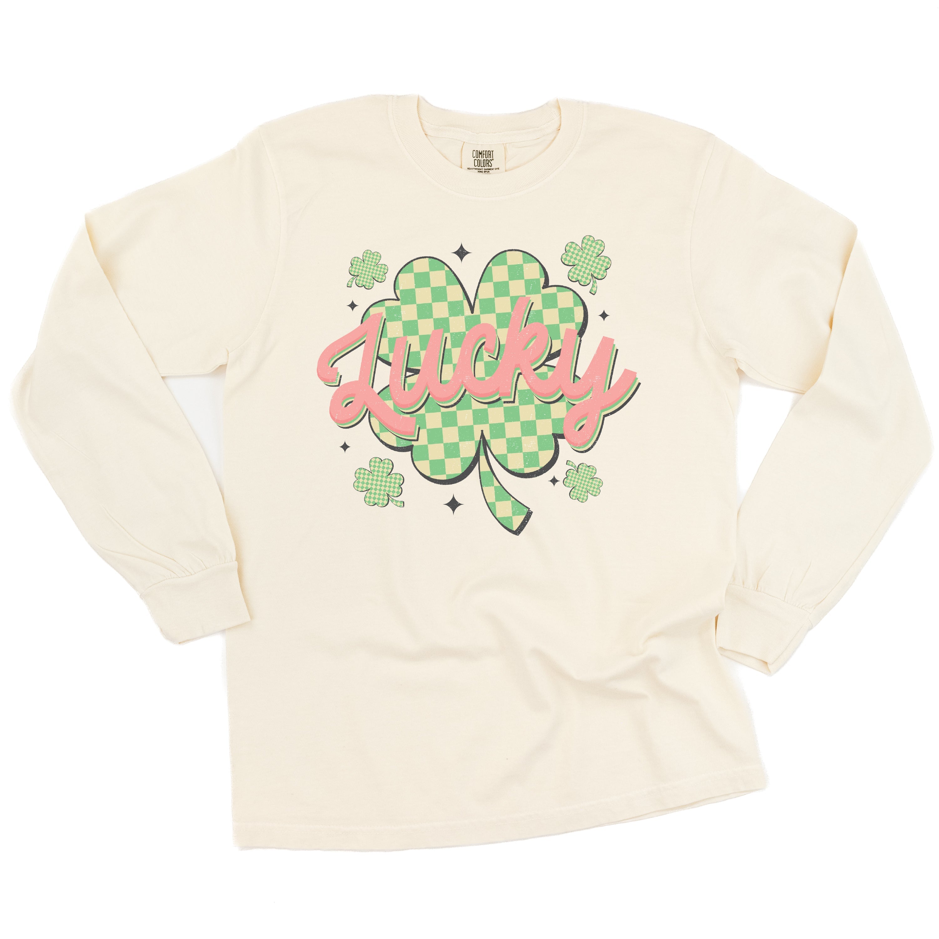 Checkered Lucky Shamrock - Long Sleeve Comfort Colors Tee Little Mama Shirt Shop