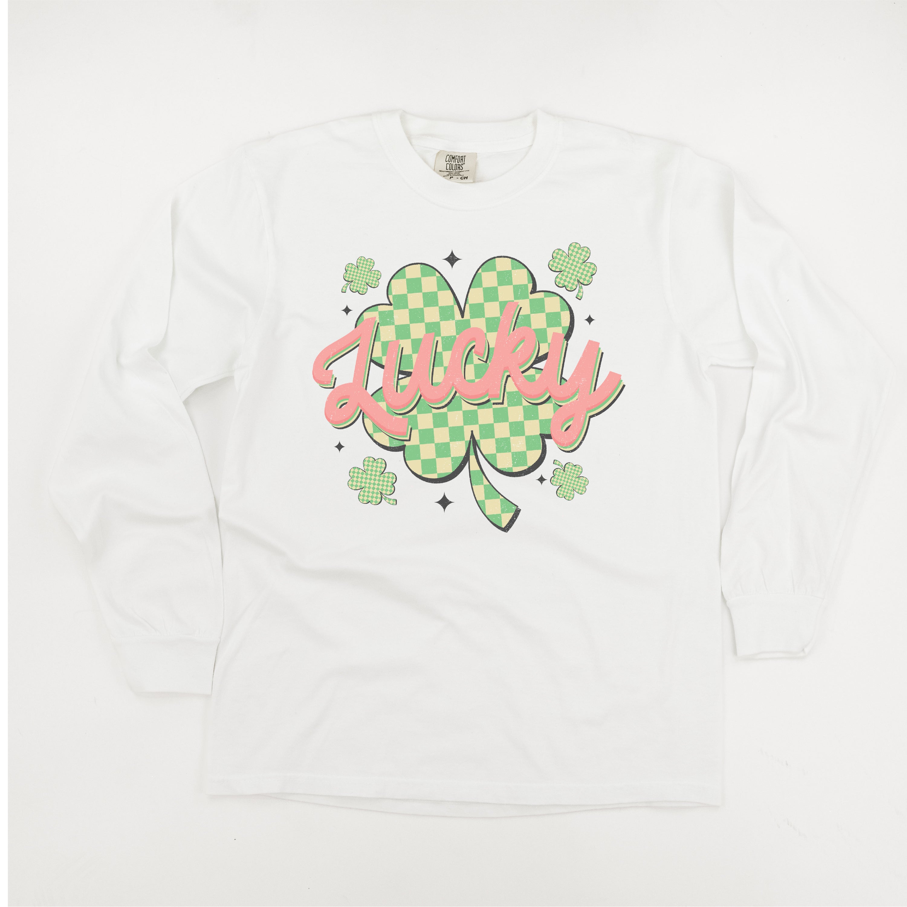 Checkered Lucky Shamrock - Long Sleeve Comfort Colors Tee Little Mama Shirt Shop