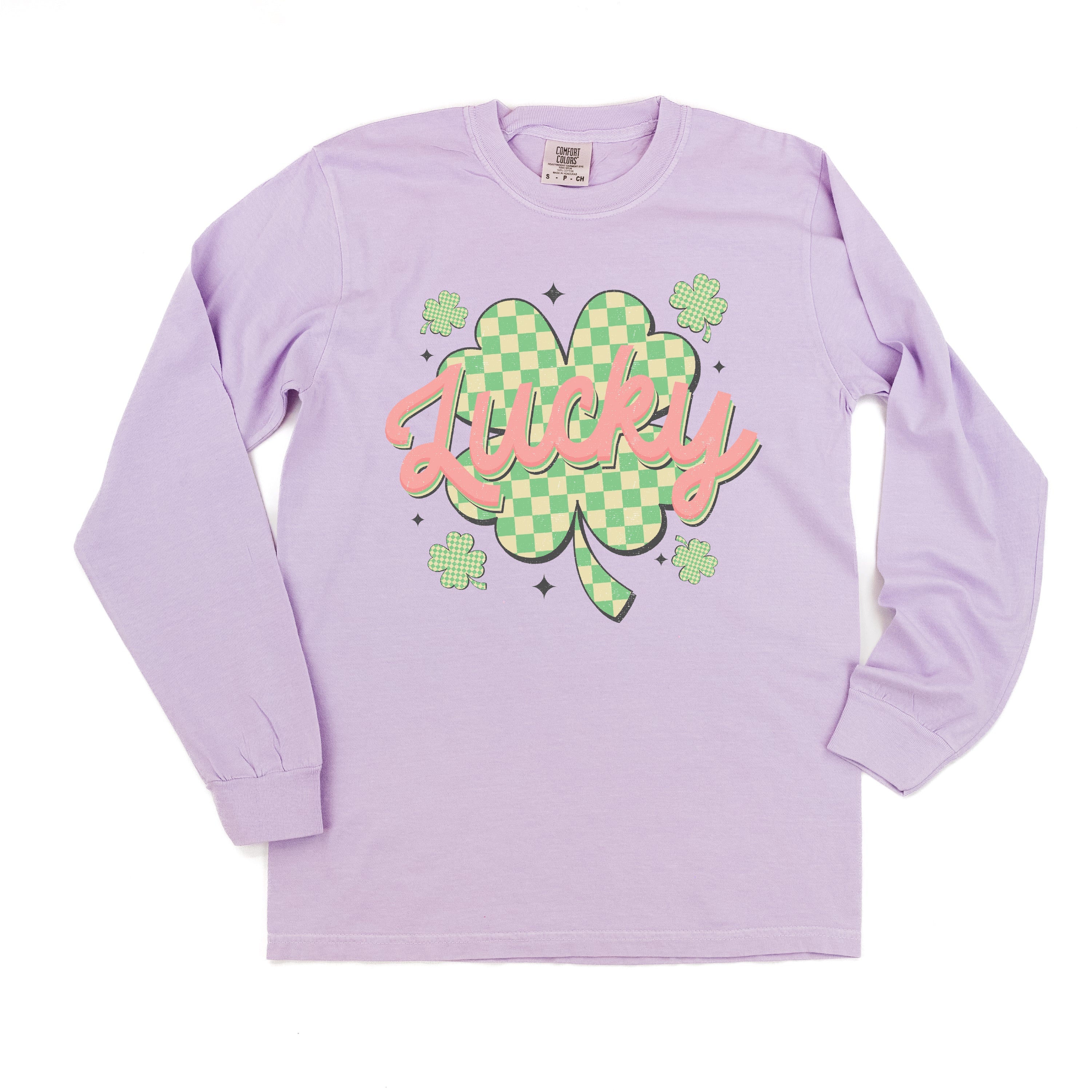 Checkered Lucky Shamrock - Long Sleeve Comfort Colors Tee Little Mama Shirt Shop