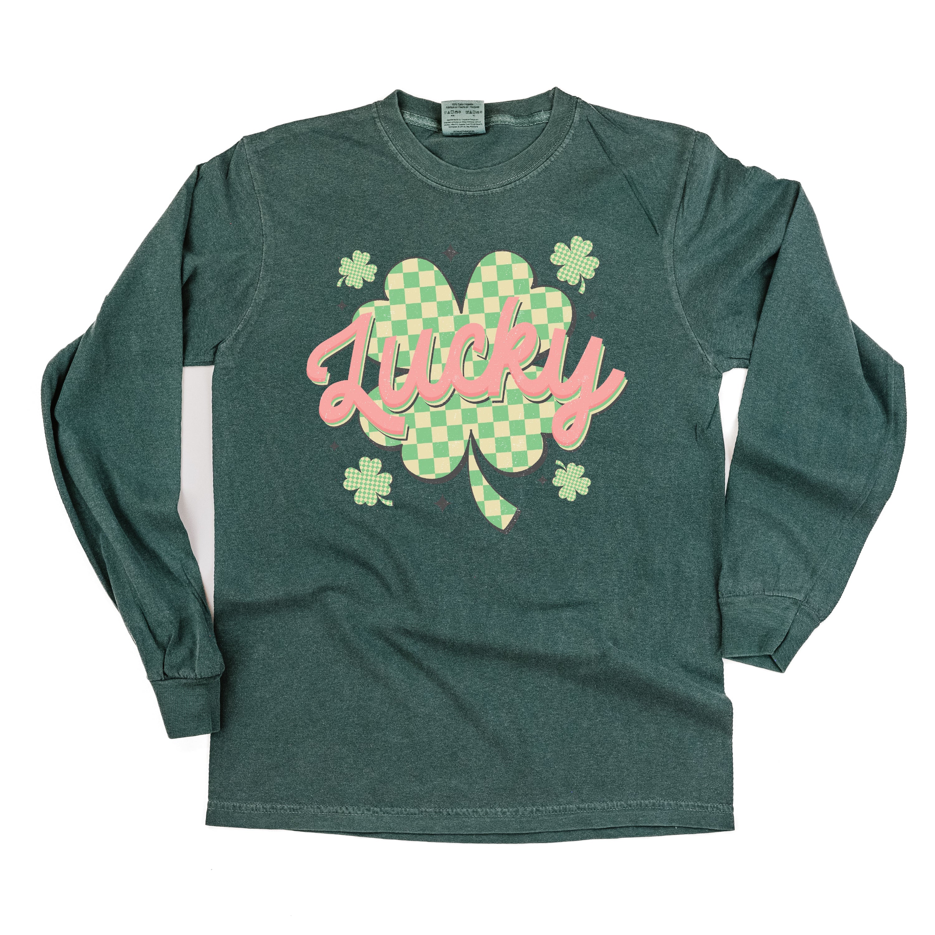 Checkered Lucky Shamrock - Long Sleeve Comfort Colors Tee Little Mama Shirt Shop