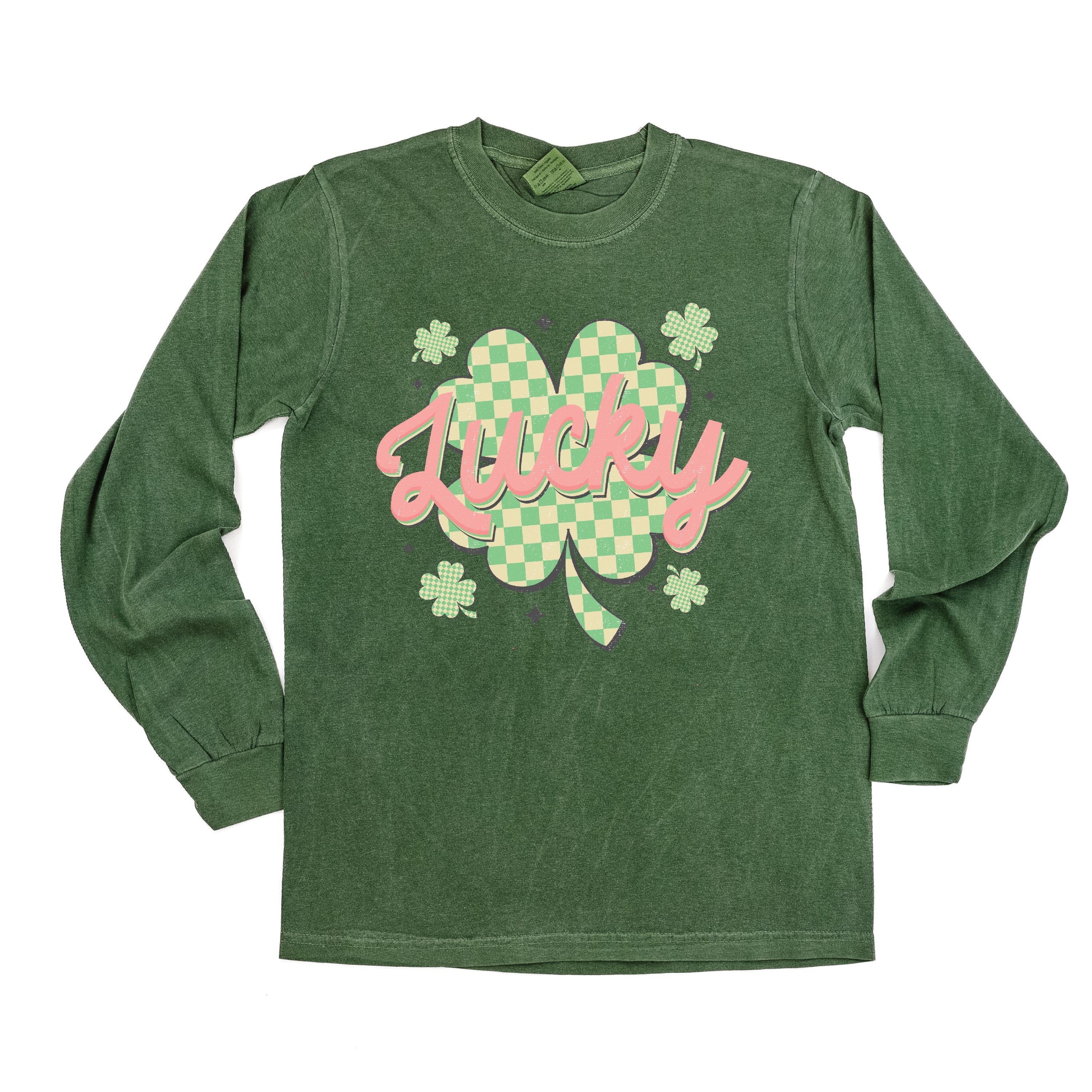 Checkered Lucky Shamrock - Long Sleeve Comfort Colors Tee Little Mama Shirt Shop