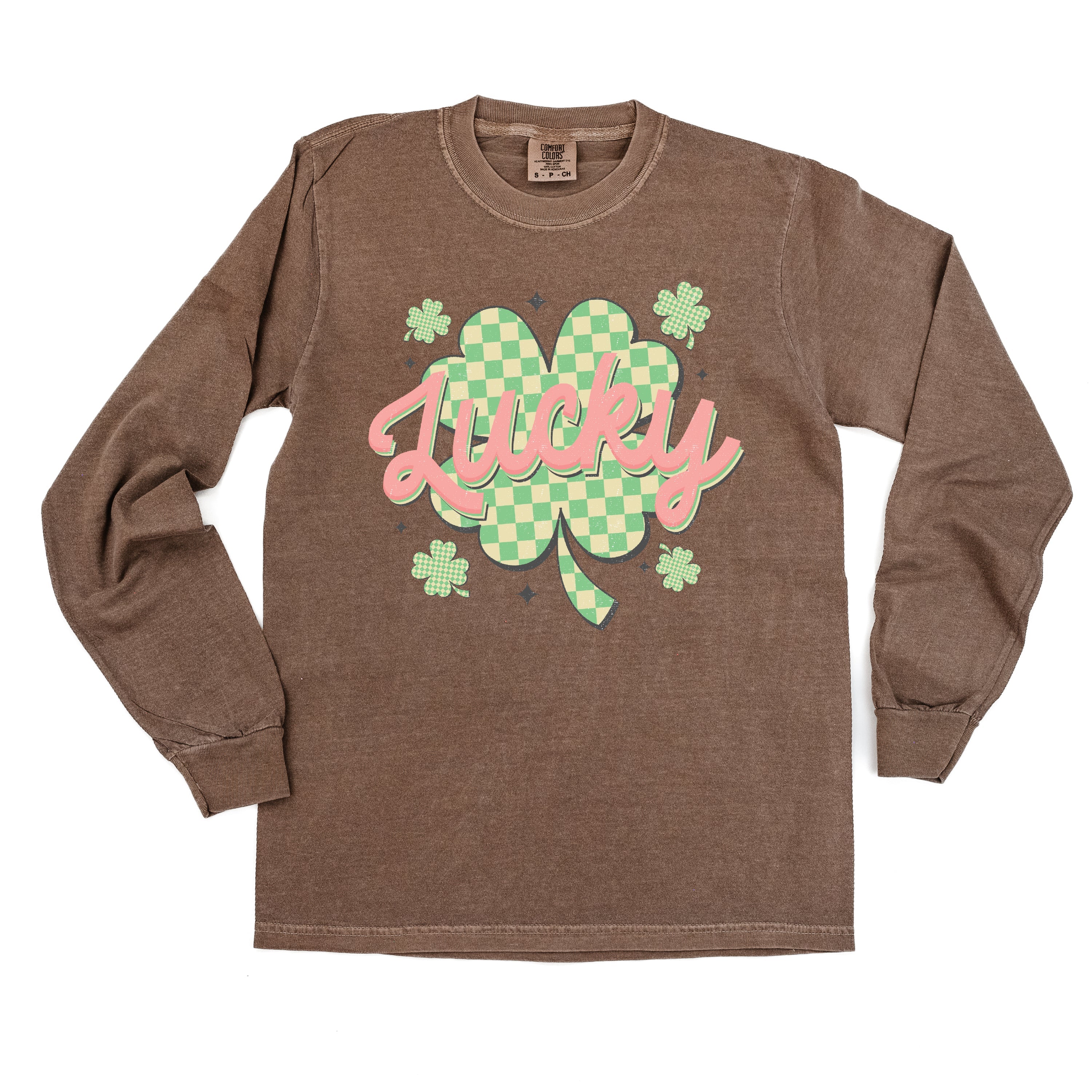 Checkered Lucky Shamrock - Long Sleeve Comfort Colors Tee Little Mama Shirt Shop