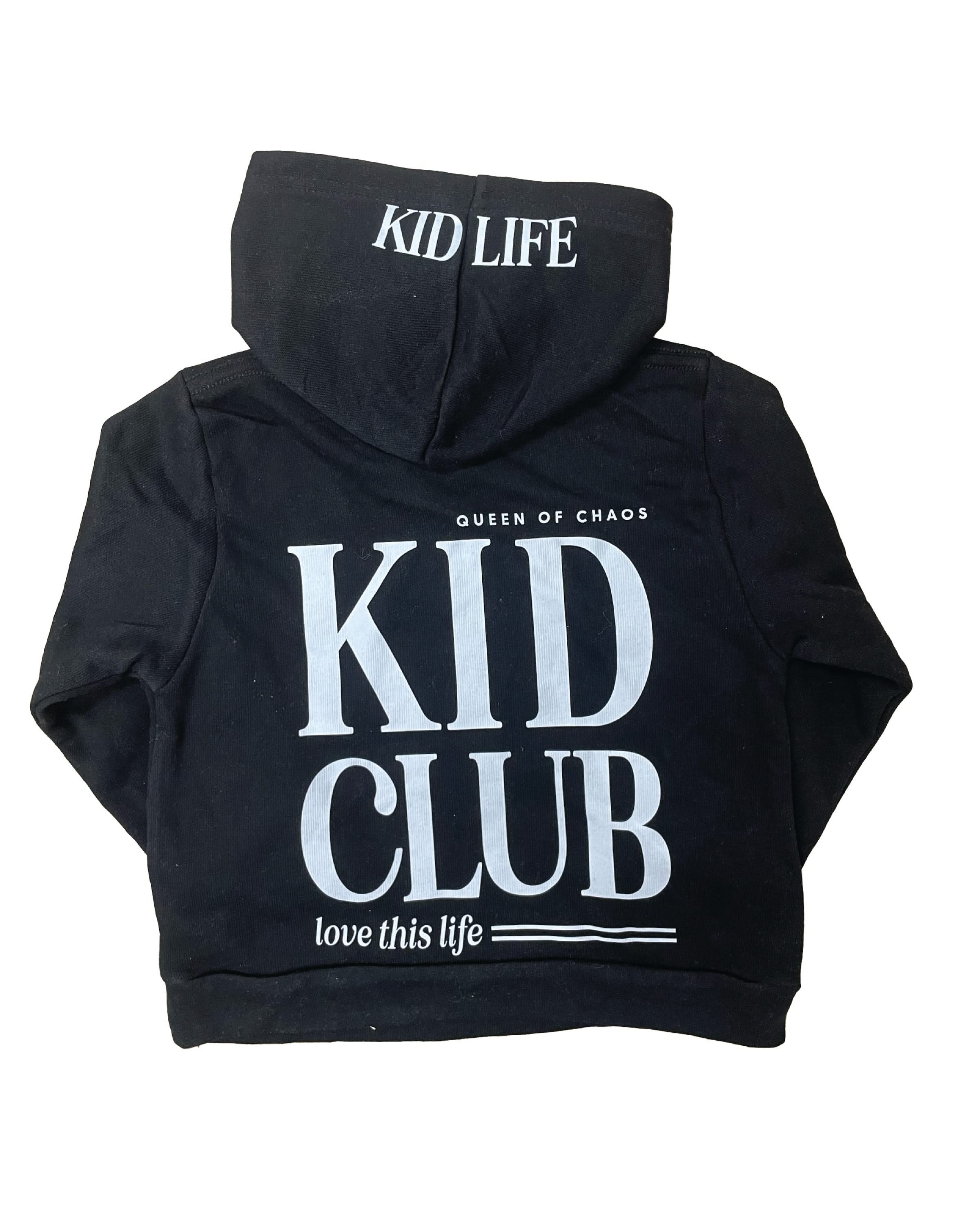 Hoodie in black with white 'Kid Club' graphic on back and 'Kid Life' graphic on hood seen on flat lay - Little Mama Shirt Shop