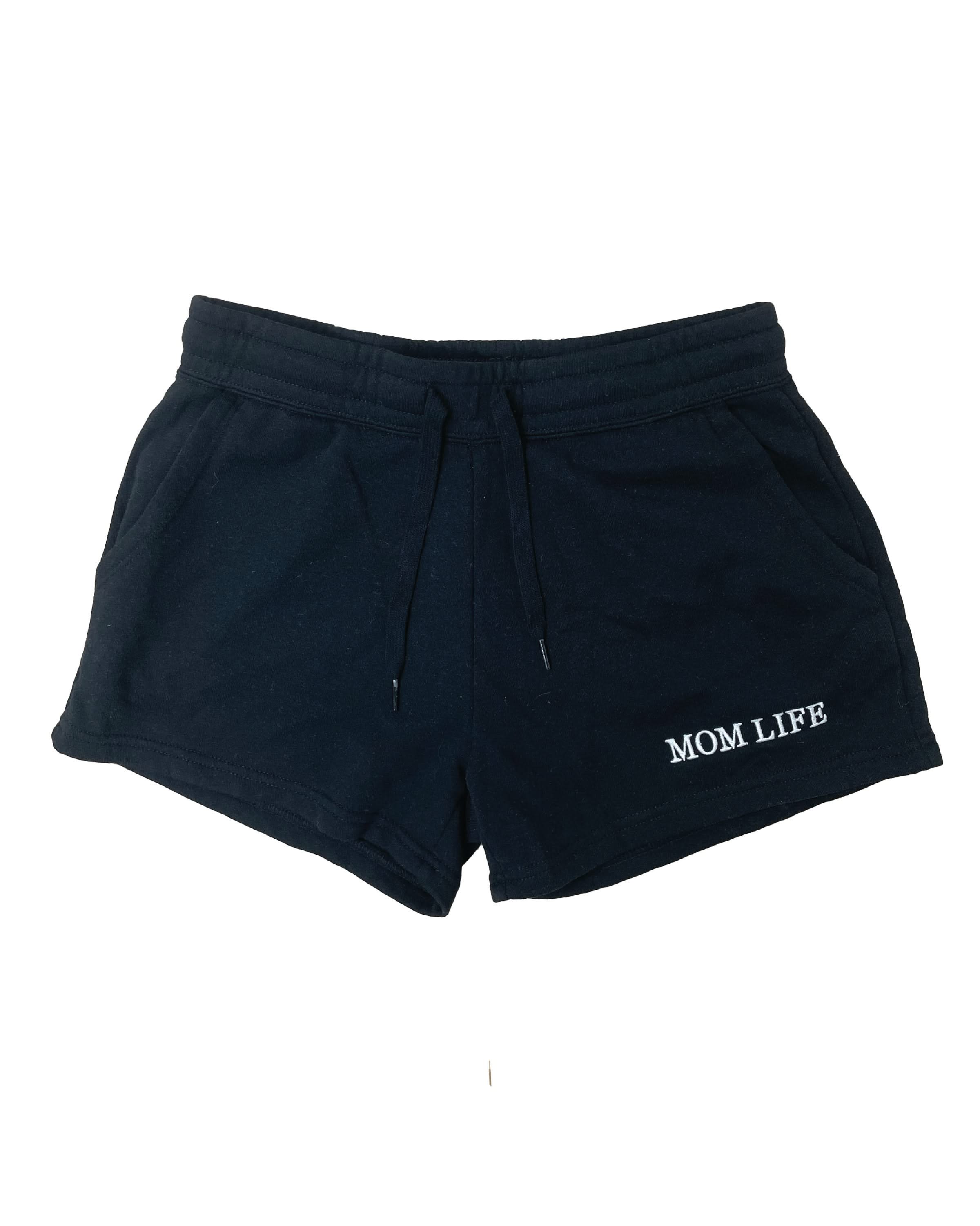 Shorts in black with white embroidered  'Mom Life' graphic on flat lay - Little Mama Shirt Shop