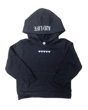 Hoodie in black with white 'Kid Life' graphic on hoodie and hearts on chest seen on flat lay - Little Mama Shirt Shop