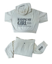 Hoodie front and back view in bone with black 'Raising My Girl' graphic on flat lay - Little Mama Shirt Shop