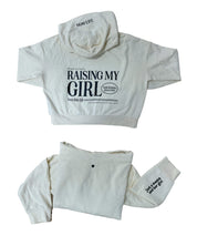 Hoodie front and back view in bone with black 'Raising My Girl' graphic on flat lay - Little Mama Shirt Shop