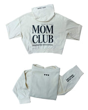 Hoodie front and back view in bone with black 'Mom Club' graphic on flat lay - Little Mama Shirt Shop
