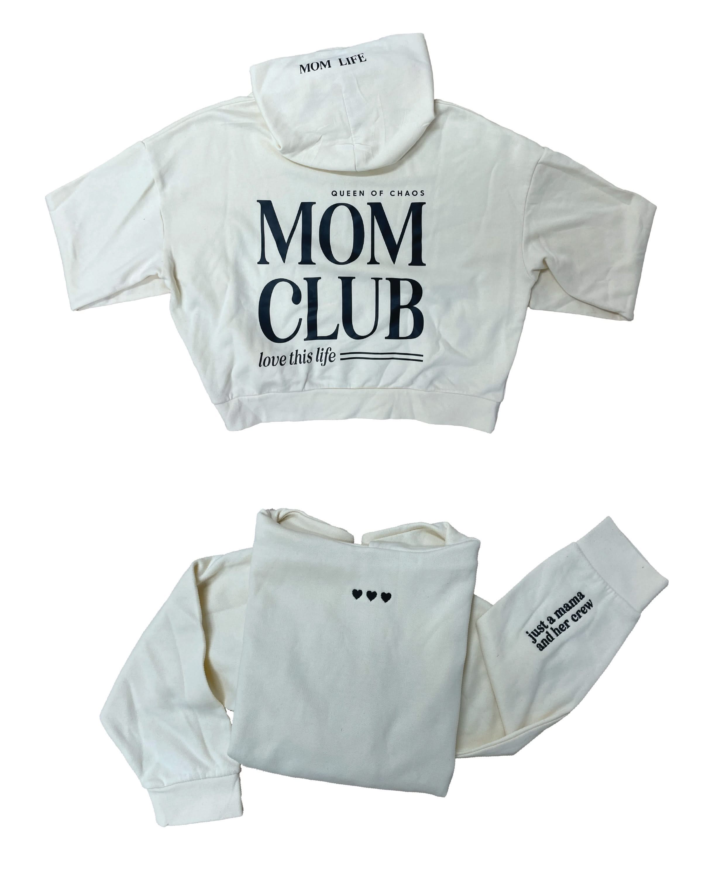 Hoodie front and back view in bone with black 'Mom Club' graphic on flat lay - Little Mama Shirt Shop