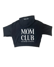 Hoodie in black with white 'Mom Club' graphic on flat lay - Little Mama Shirt Shop