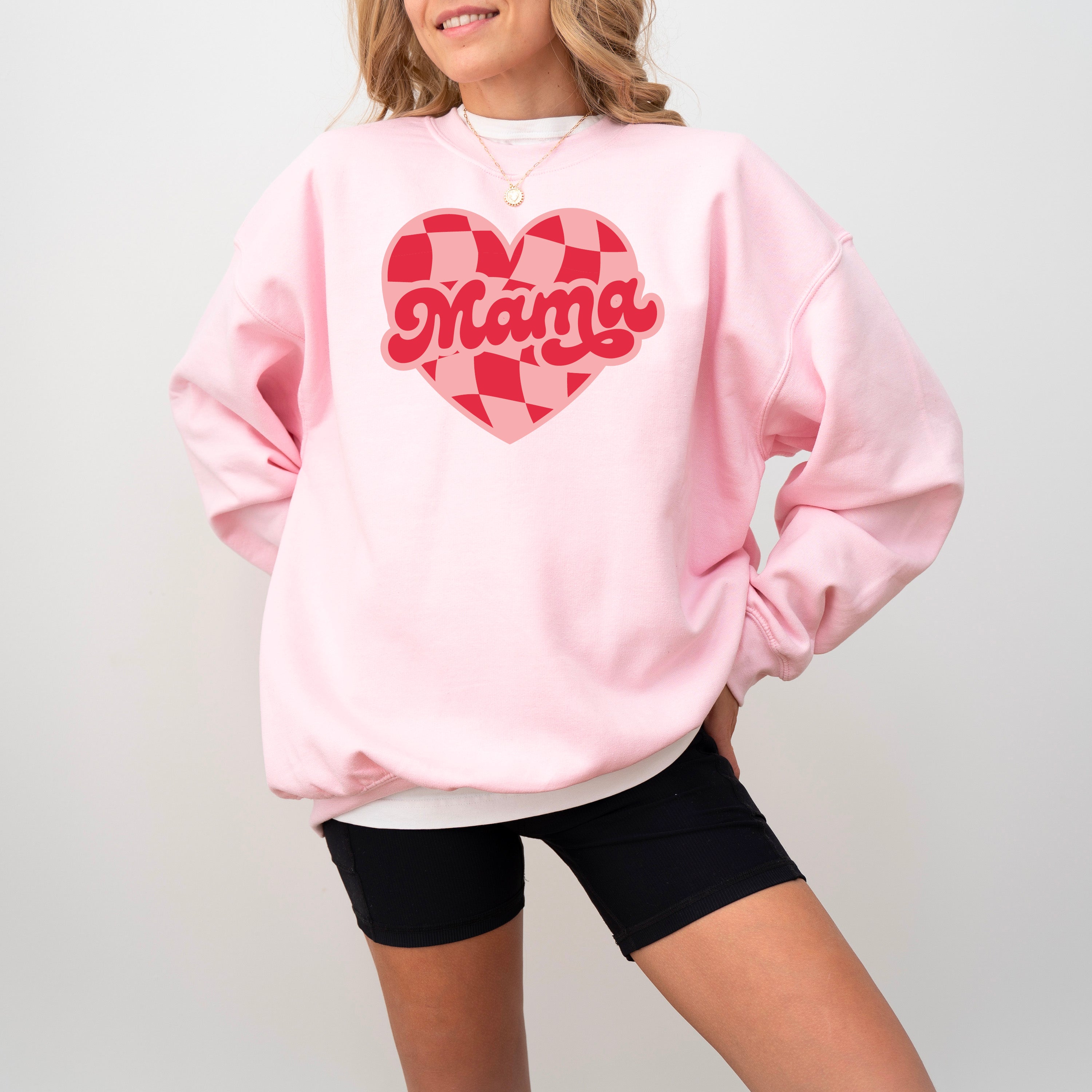Mama - Pink & Red Checker Heart - BASIC Fleece Little Mama Shirt Shop LLC