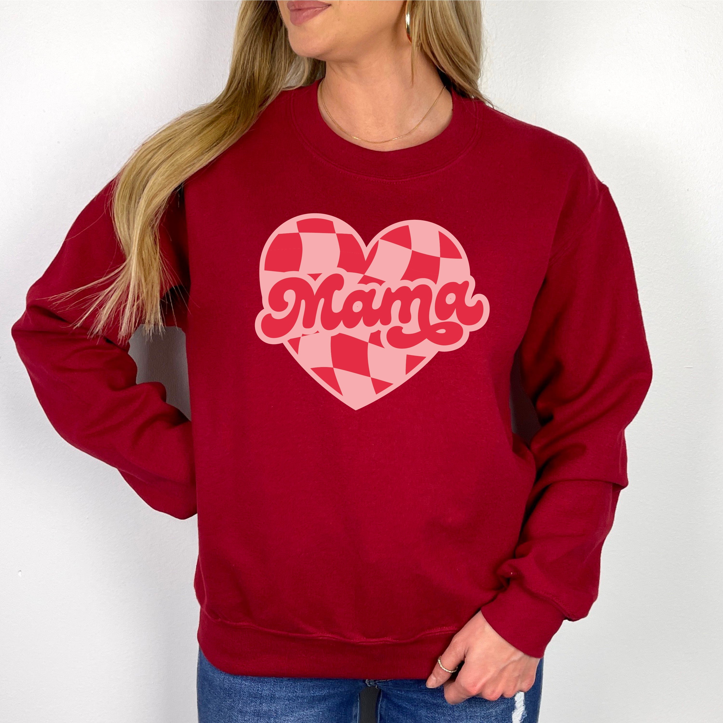 Mama - Pink & Red Checker Heart - BASIC Fleece Little Mama Shirt Shop LLC