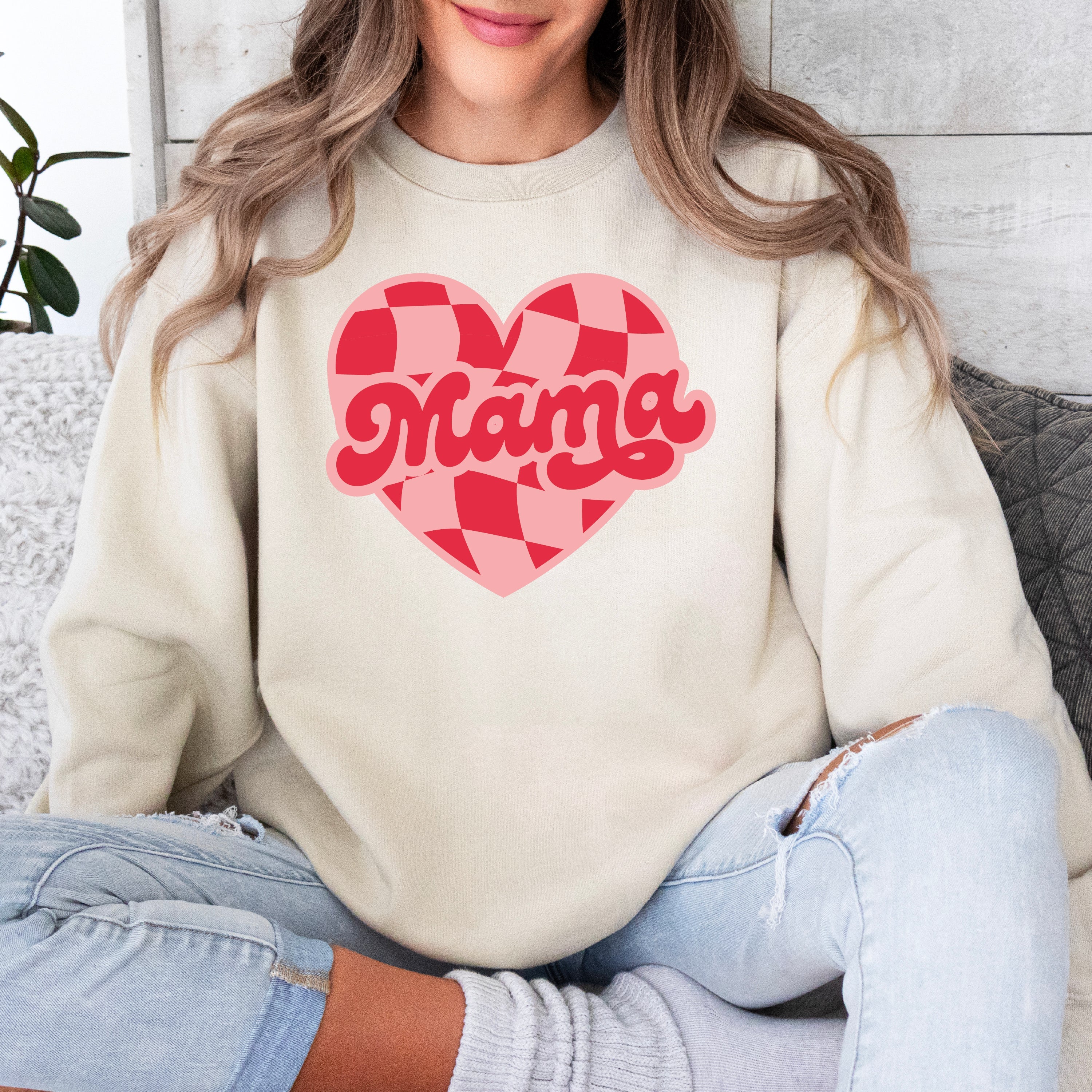 Mama - Pink & Red Checker Heart - BASIC Fleece Little Mama Shirt Shop LLC