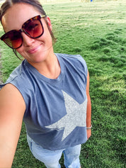 Vintage White Star American Mama - Muscle Tee Little Mama Shirt Shop LLC