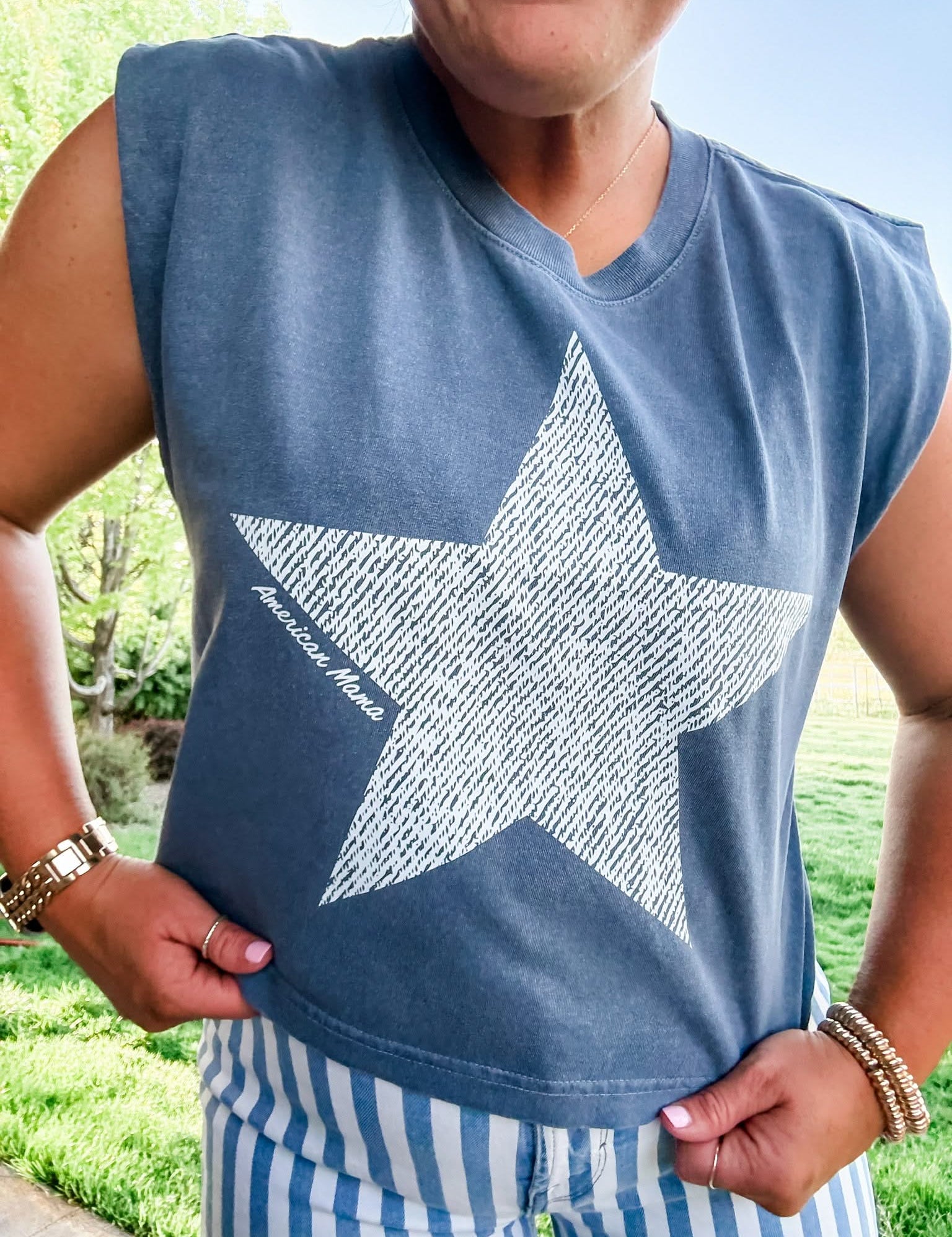 Vintage White Star American Mama - Muscle Tee Little Mama Shirt Shop LLC
