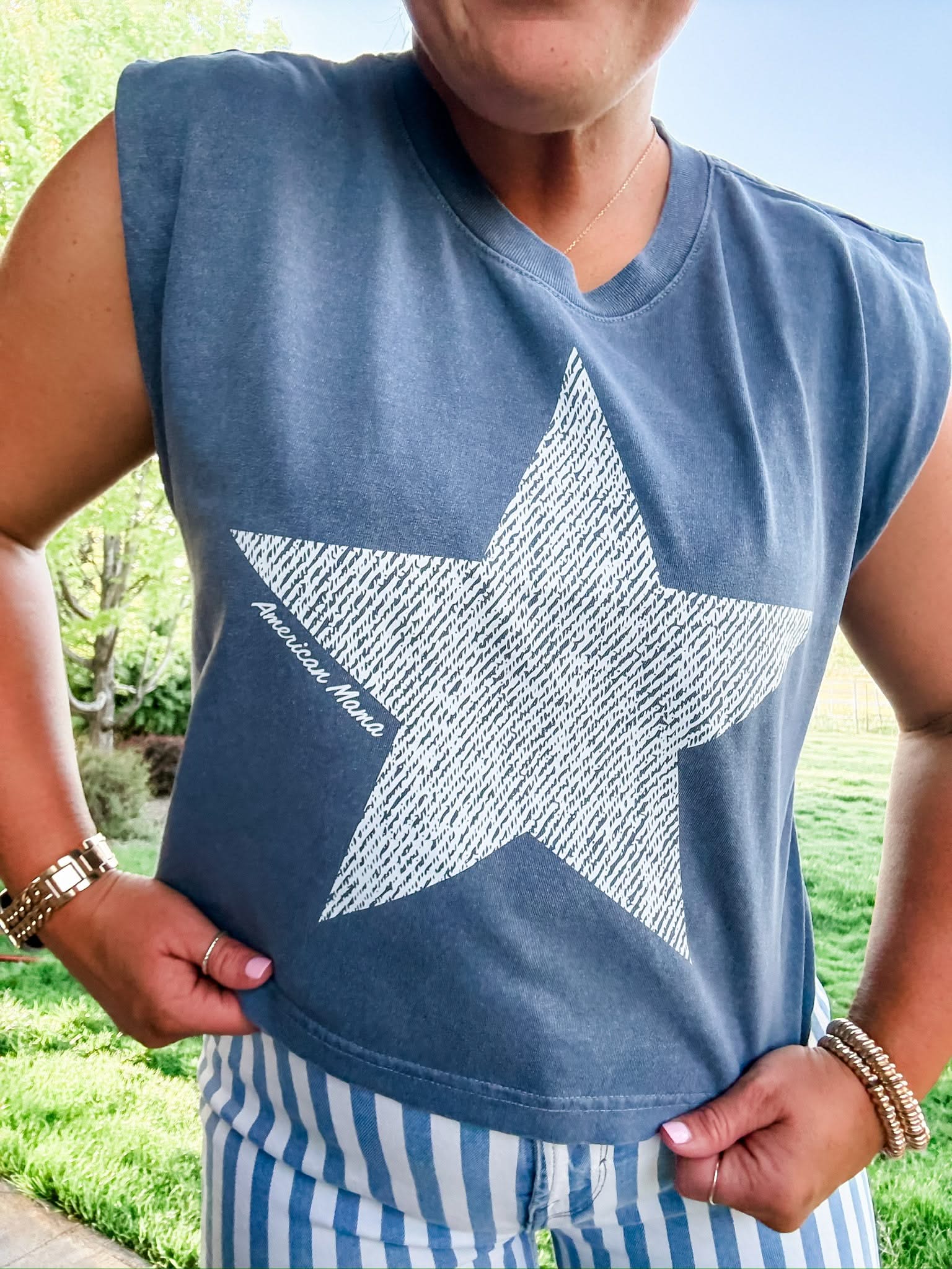 Vintage White Star American Mama - Muscle Tee Little Mama Shirt Shop LLC