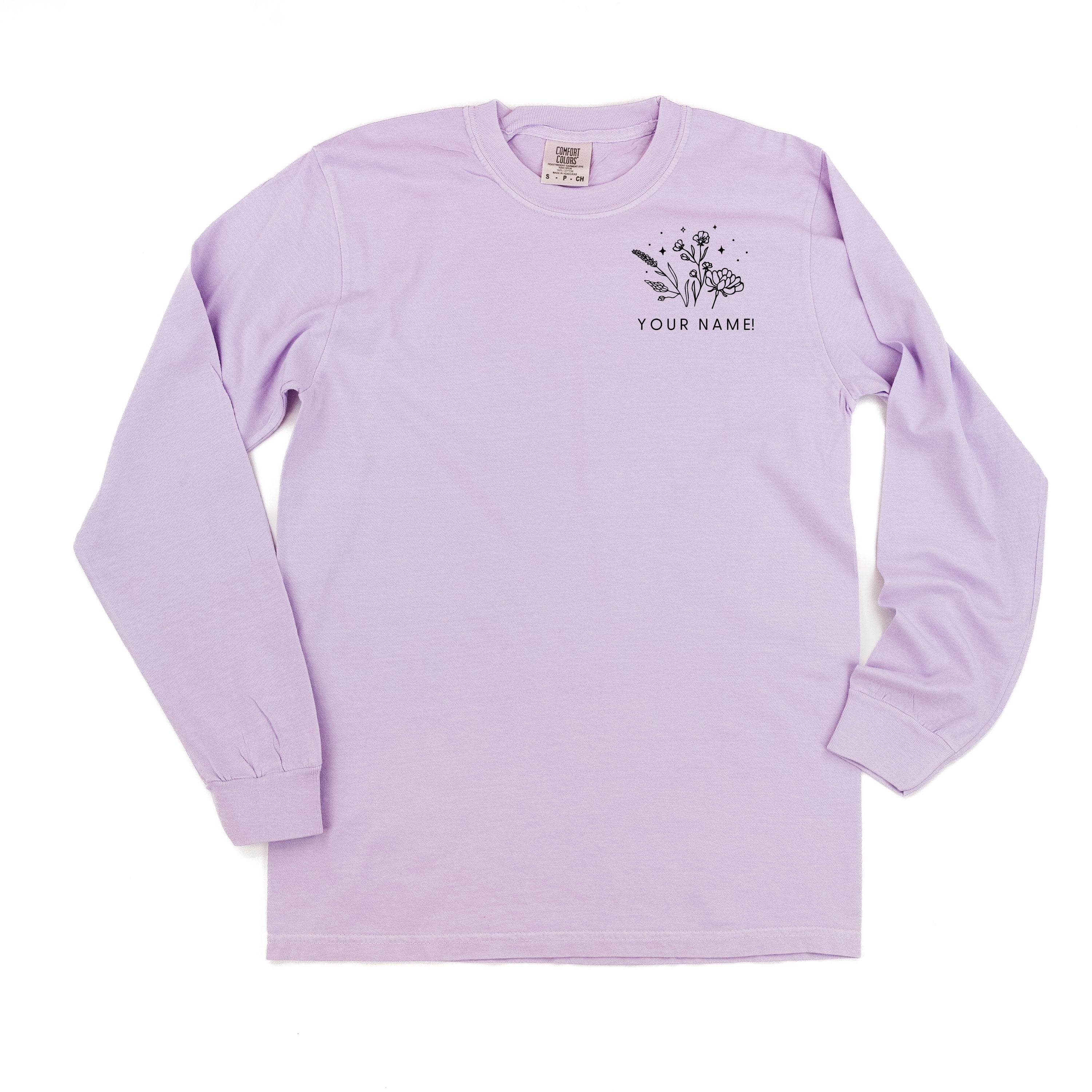 Custom Name - Bouquet (pocket) - (PERSONALIZE IT) - LONG SLEEVE Comfort Colors Tee Little Mama Shirt Shop