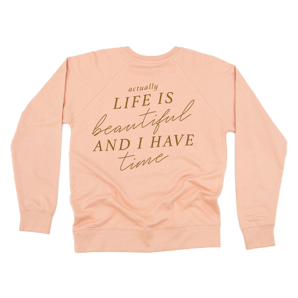 Flower Diamond (Pocket Front) w/ Actually Life is Beautiful and I Have Time (Back) - Lightweight Pullover Sweater
