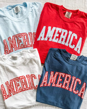 AMERICA shirts in soft red, blue, and white tones with gingham print, styled together for a patriotic summer look