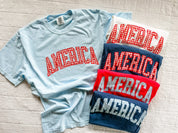 Red and blue AMERICA shirts with gingham print, displayed side by side in a simple flat lay