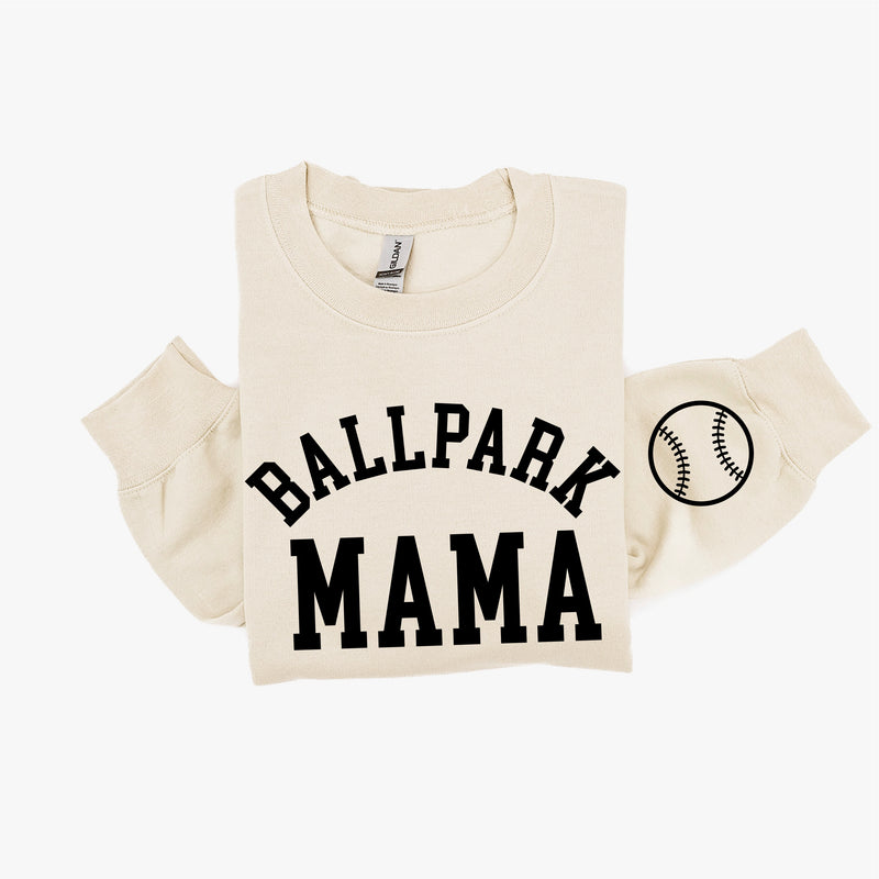 Ballpark Mama - Baseball Detail on Sleeve - BASIC FLEECE CREWNECK