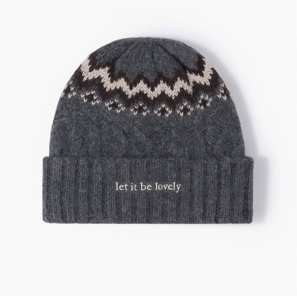 Adult beanie in gray with 'let it be lovely' design on brim, shown on flat lay – Little Mama Shirt Shop