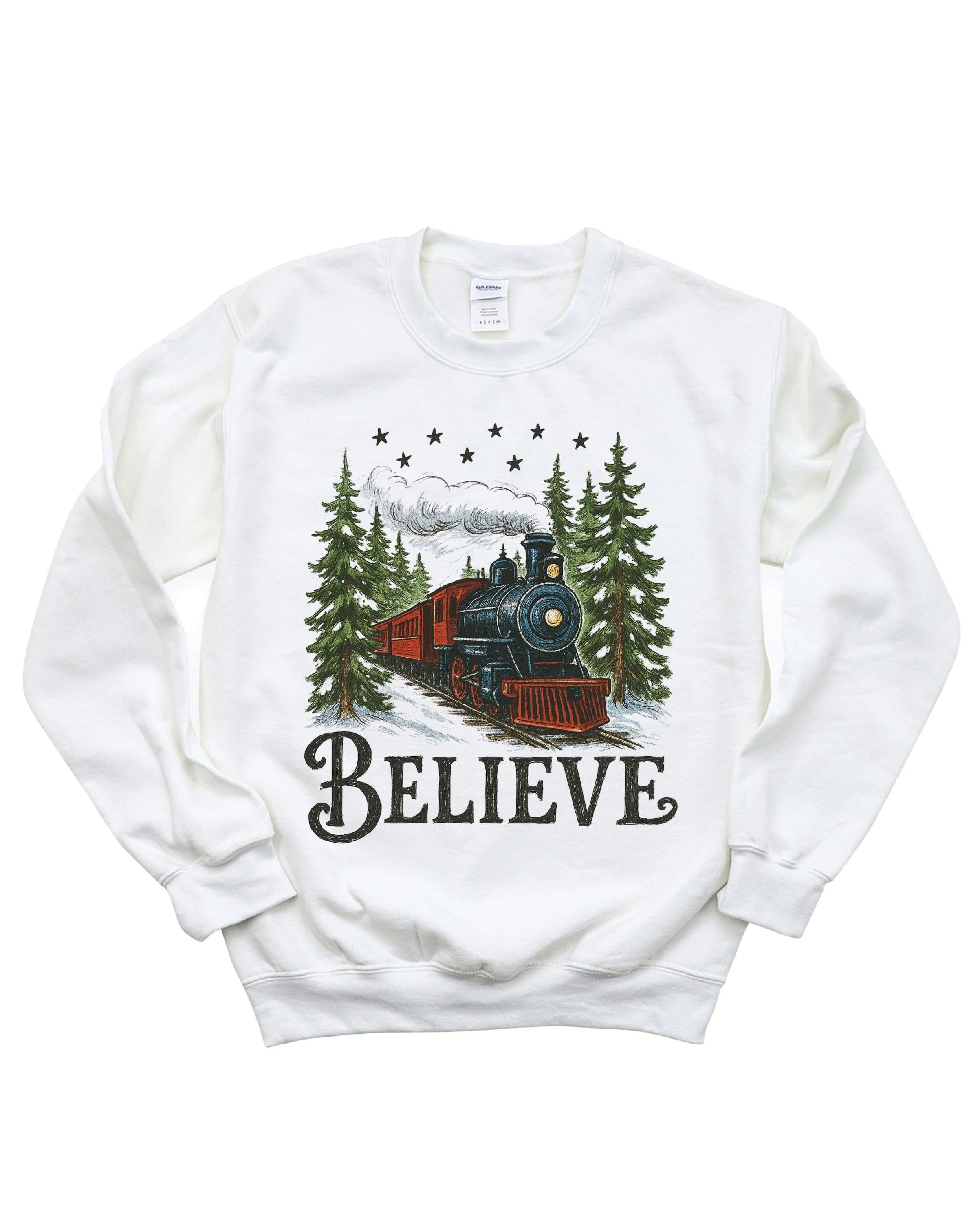 Adult Sweater in white with winter train and 'Believe' on chest, shown on model – Little Mama Shirt Shop