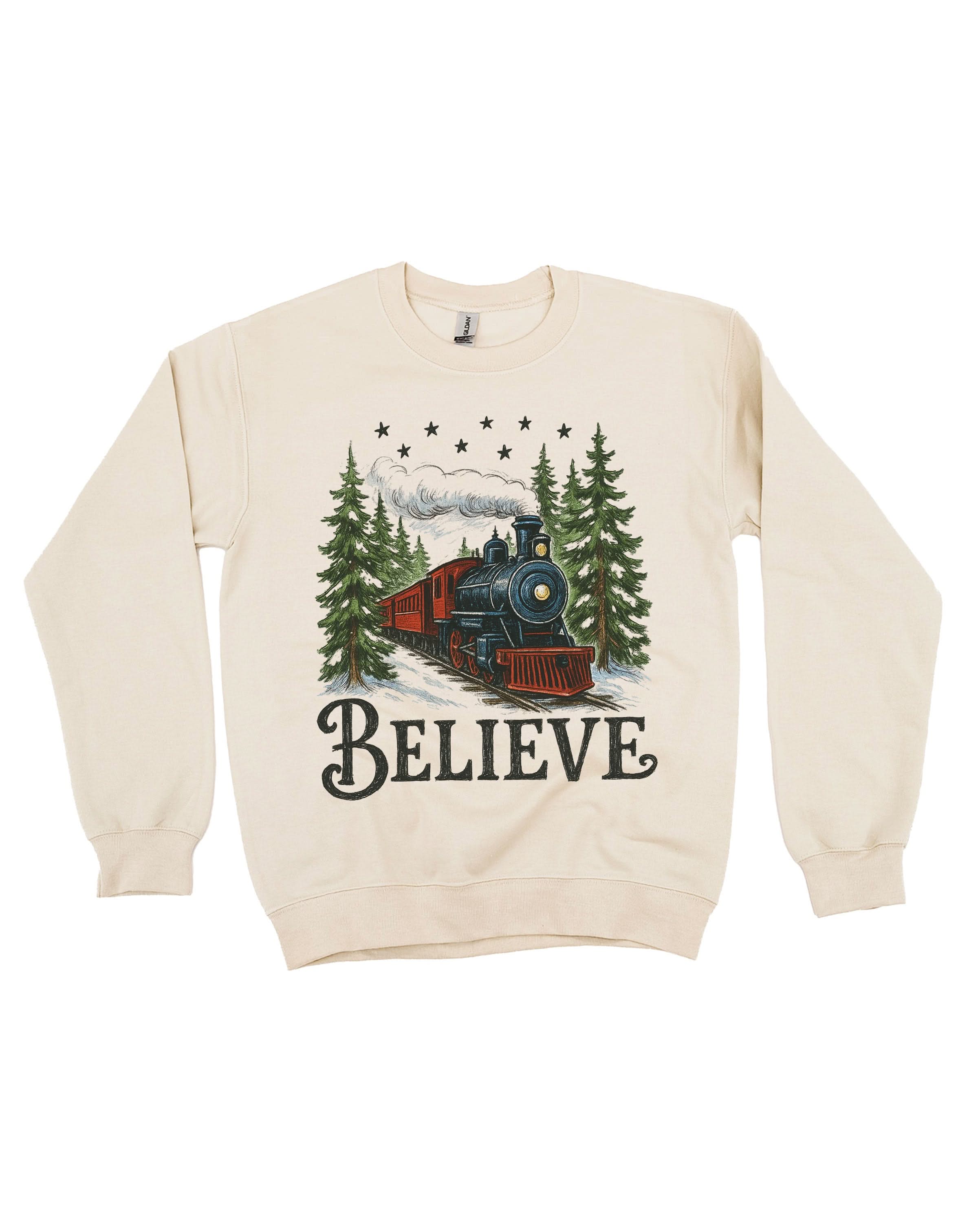 Adult Sweater in sand with winter train and 'Believe' on chest, shown on flat lay – Little Mama Shirt Shop