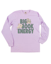 Comfort colors tee in orchid with 'Big Book Energy' graphic, shown on flat lay – Little Mama Shirt Shop