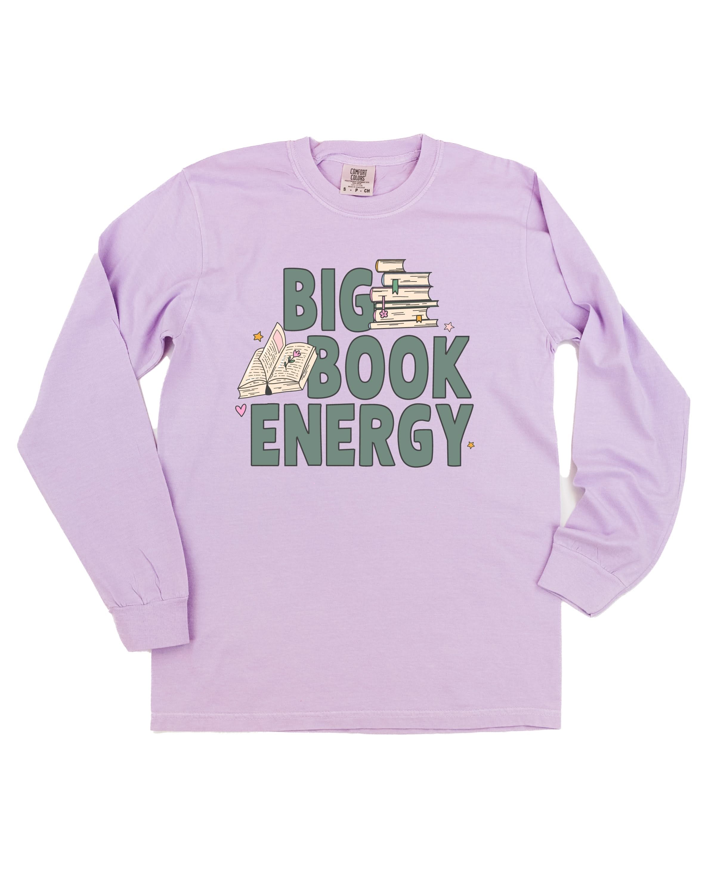 Comfort colors tee in orchid with 'Big Book Energy' graphic, shown on flat lay – Little Mama Shirt Shop