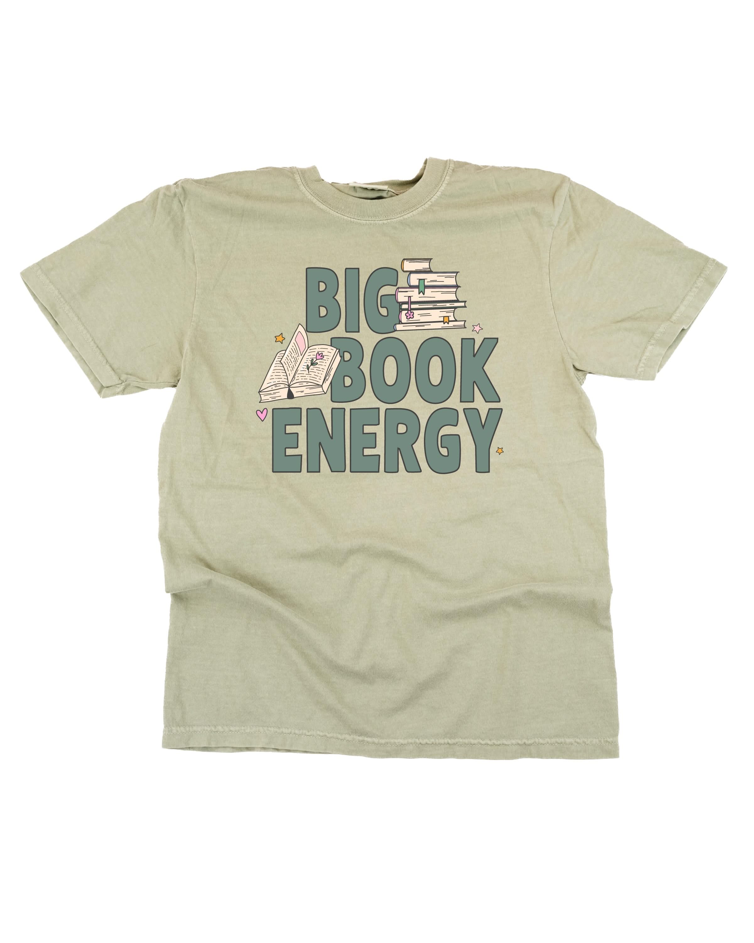 Comfort colors tee in sandstone with 'Big Book Energy' graphic, shown on flat lay – Little Mama Shirt Shop