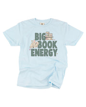 Comfort colors tee in chambray with 'Big Book Energy' graphic, shown on flat lay – Little Mama Shirt Shop