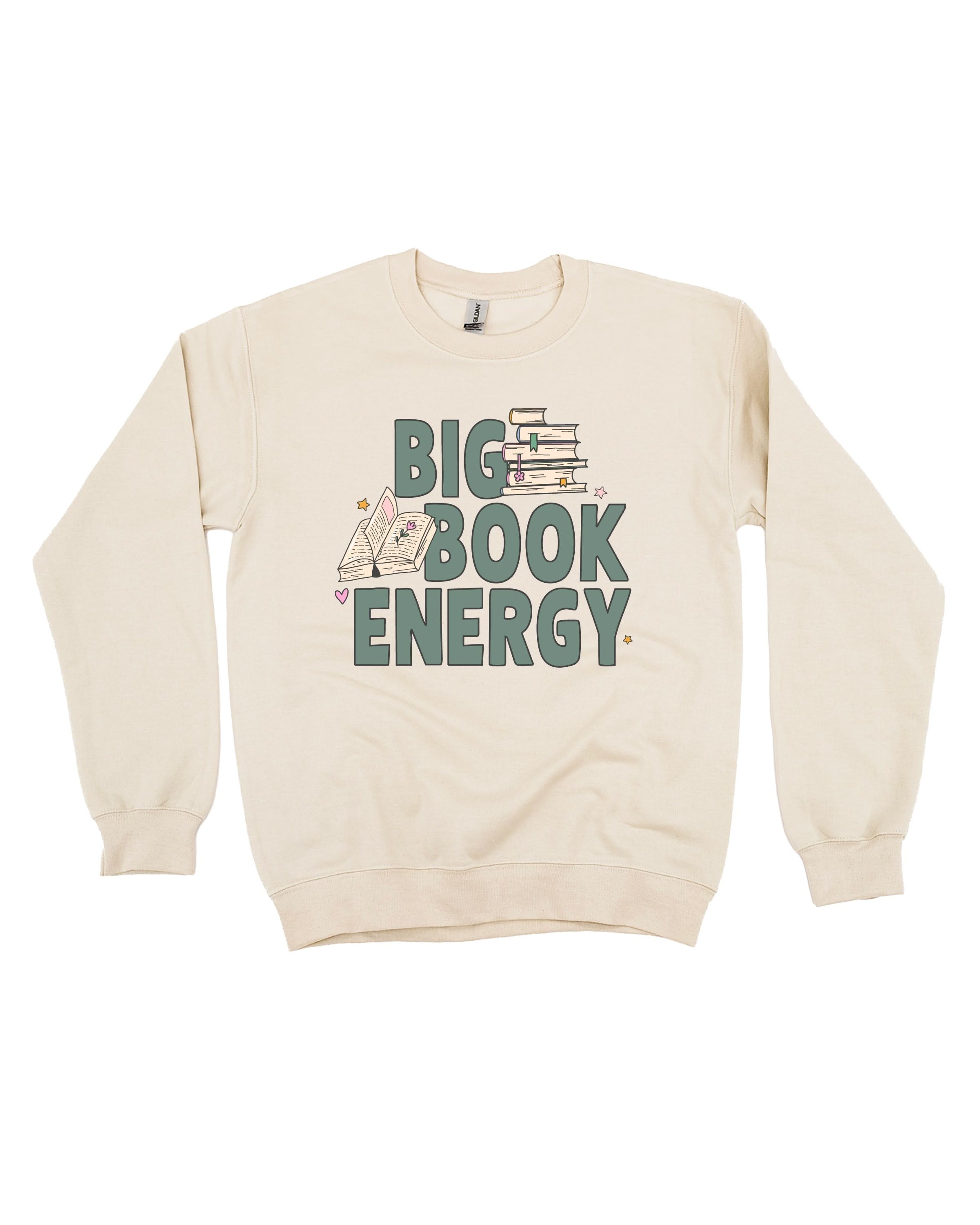Basic fleece in sand with 'Big Book Energy' graphic, shown on flat lay – Little Mama Shirt Shop