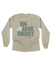 Comfort colors tee in sandstone with 'Big Book Energy' graphic, shown on flat lay – Little Mama Shirt Shop