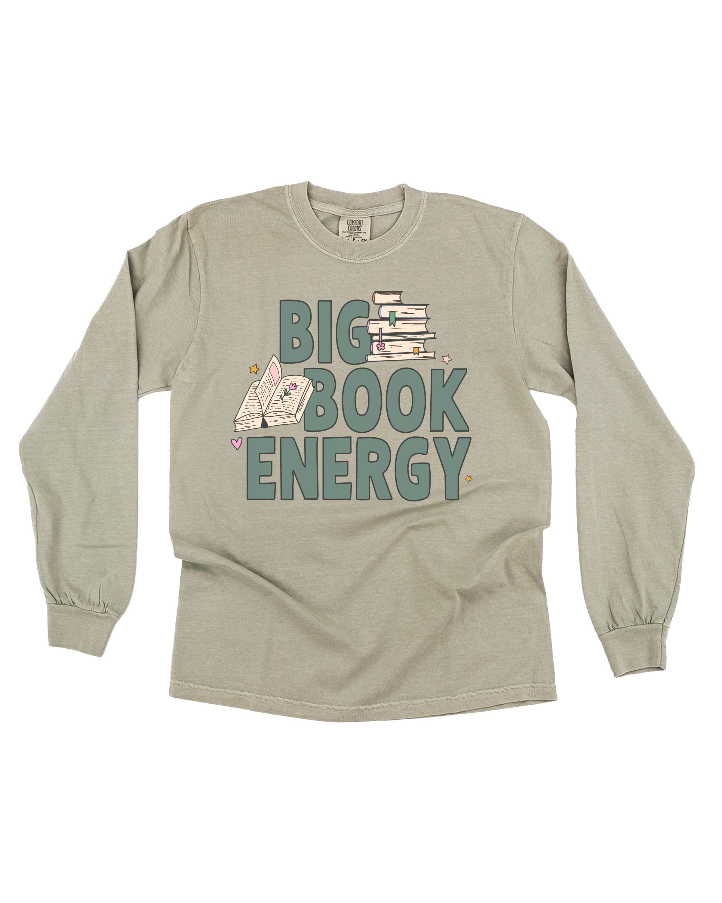 Comfort colors tee in sandstone with 'Big Book Energy' graphic, shown on flat lay – Little Mama Shirt Shop