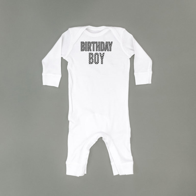 BIRTHDAY BOY - BLOCK FONT CHECKERS - One Piece Infant Sleeper