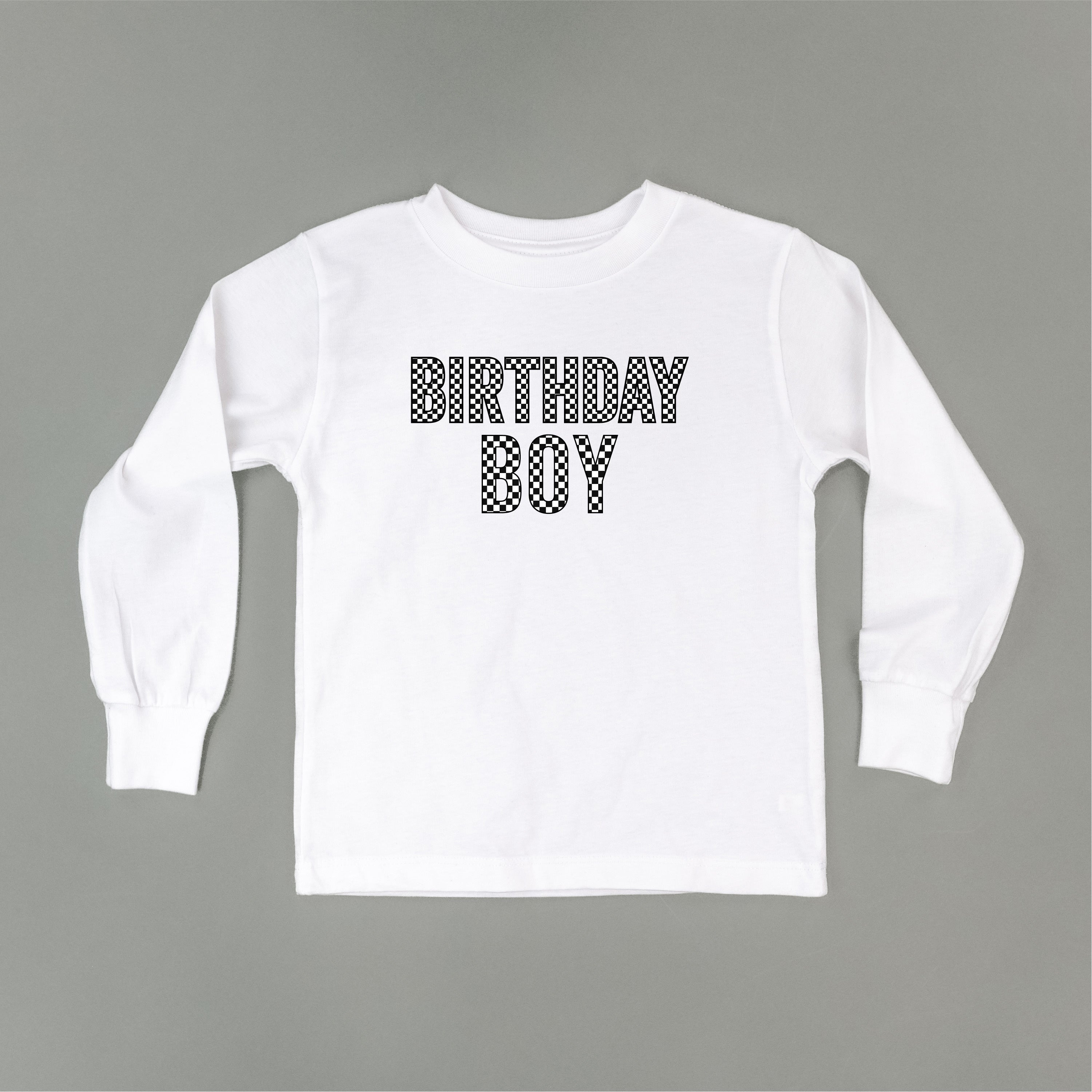 BIRTHDAY BOY - BLOCK FONT CHECKERS - Long Sleeve Child Shirt Little Mama Shirt Shop