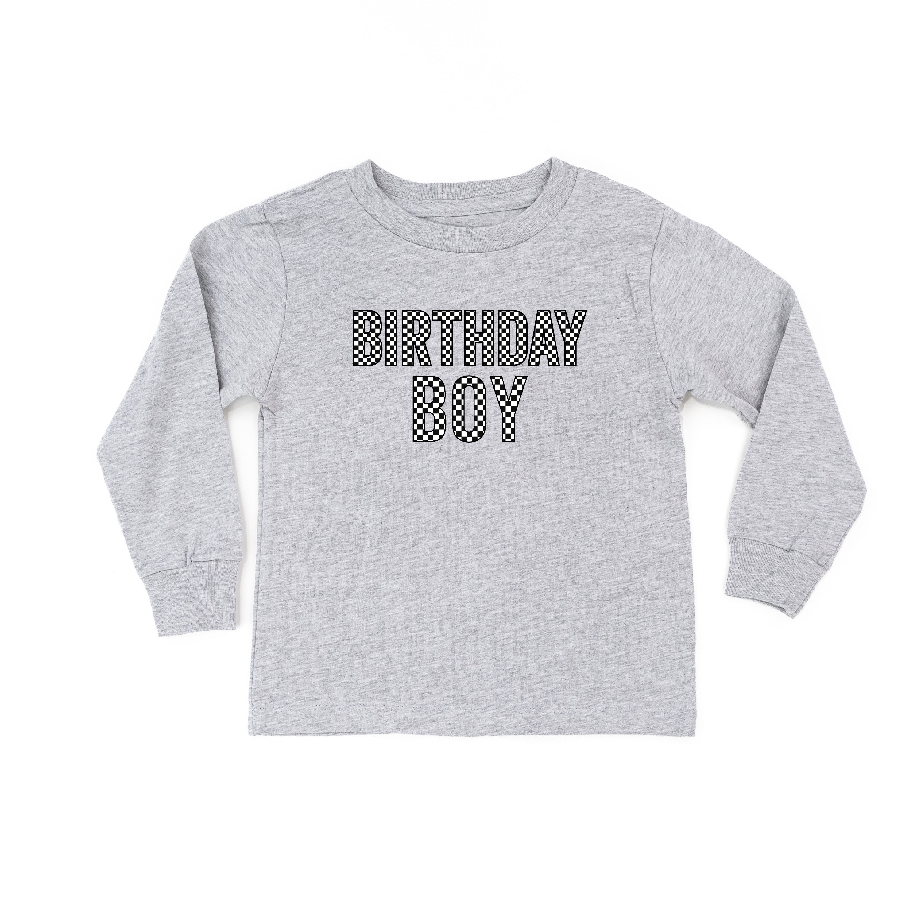 BIRTHDAY BOY - BLOCK FONT CHECKERS - Long Sleeve Child Shirt Little Mama Shirt Shop