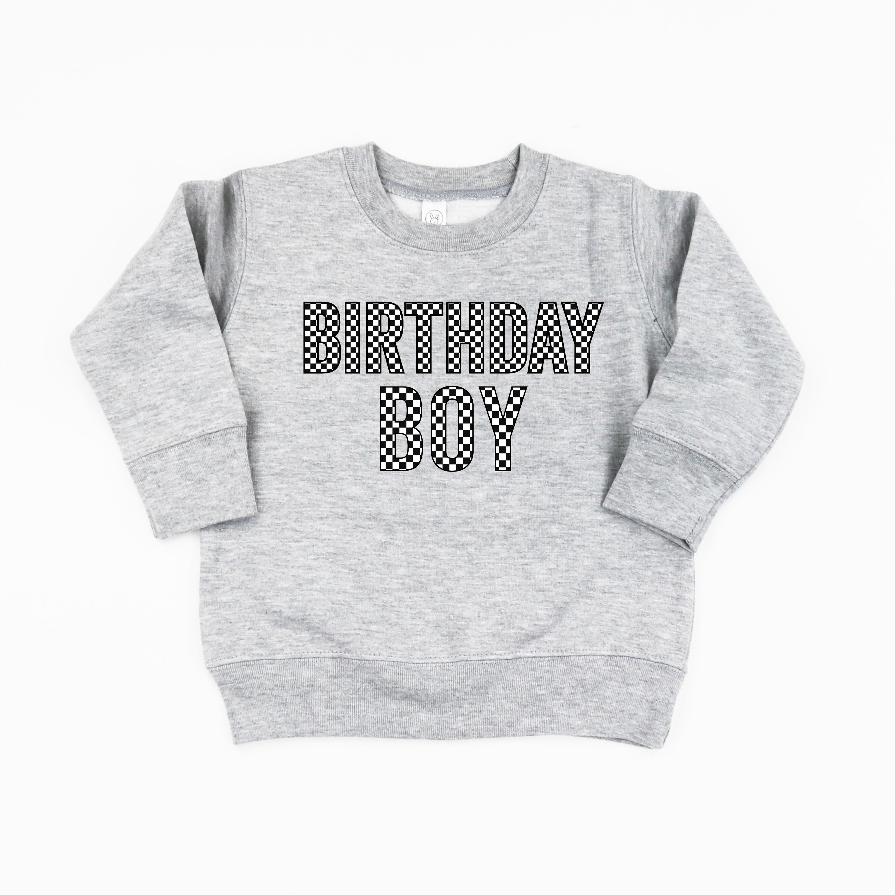 BIRTHDAY BOY - BLOCK FONT CHECKERS - Child Sweater Little Mama Shirt Shop