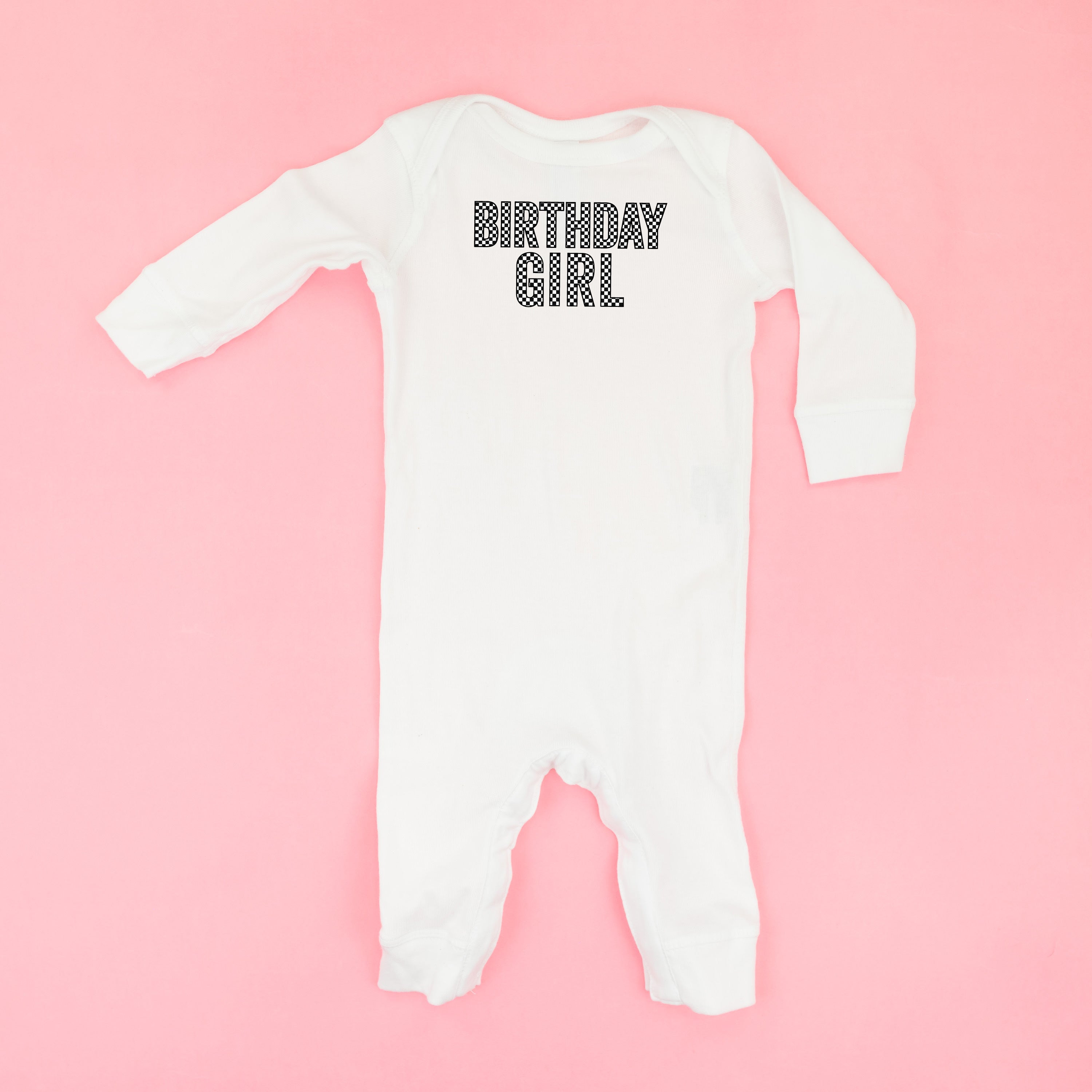 BIRTHDAY GIRL - BLOCK FONT CHECKERS - One Piece Infant Sleeper Little Mama Shirt Shop