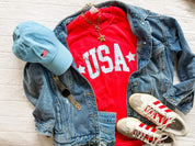 Red gingham USA shirt with stars on both sides, red white and blue aesthetic tee, cute patriotic outfit, comfort colors Fourth of July shirt