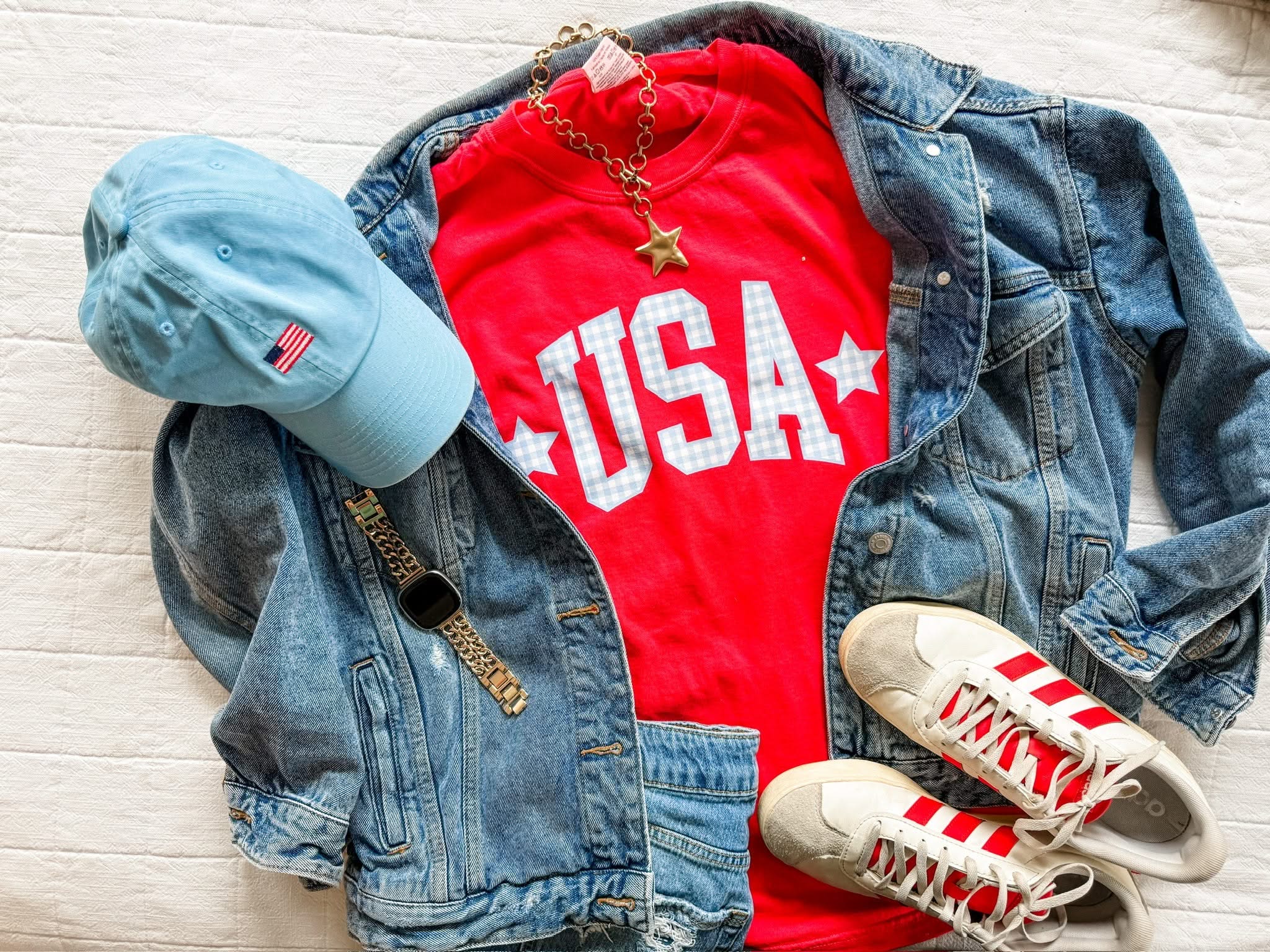 Red gingham USA shirt with stars on both sides, red white and blue aesthetic tee, cute patriotic outfit, comfort colors Fourth of July shirt