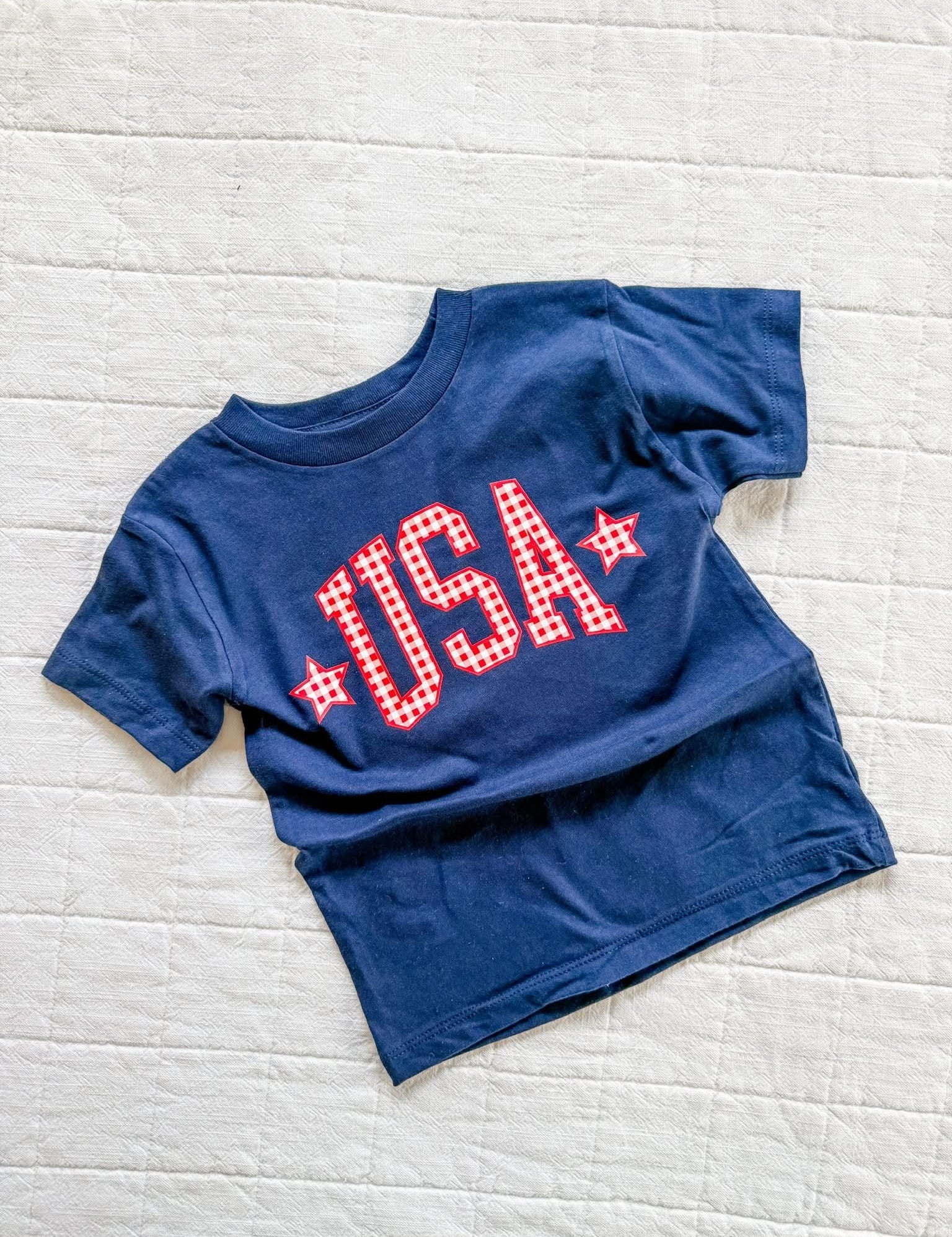 Blue USA shirt for kids with gingham design, comfortable and festive 4th of July outfit